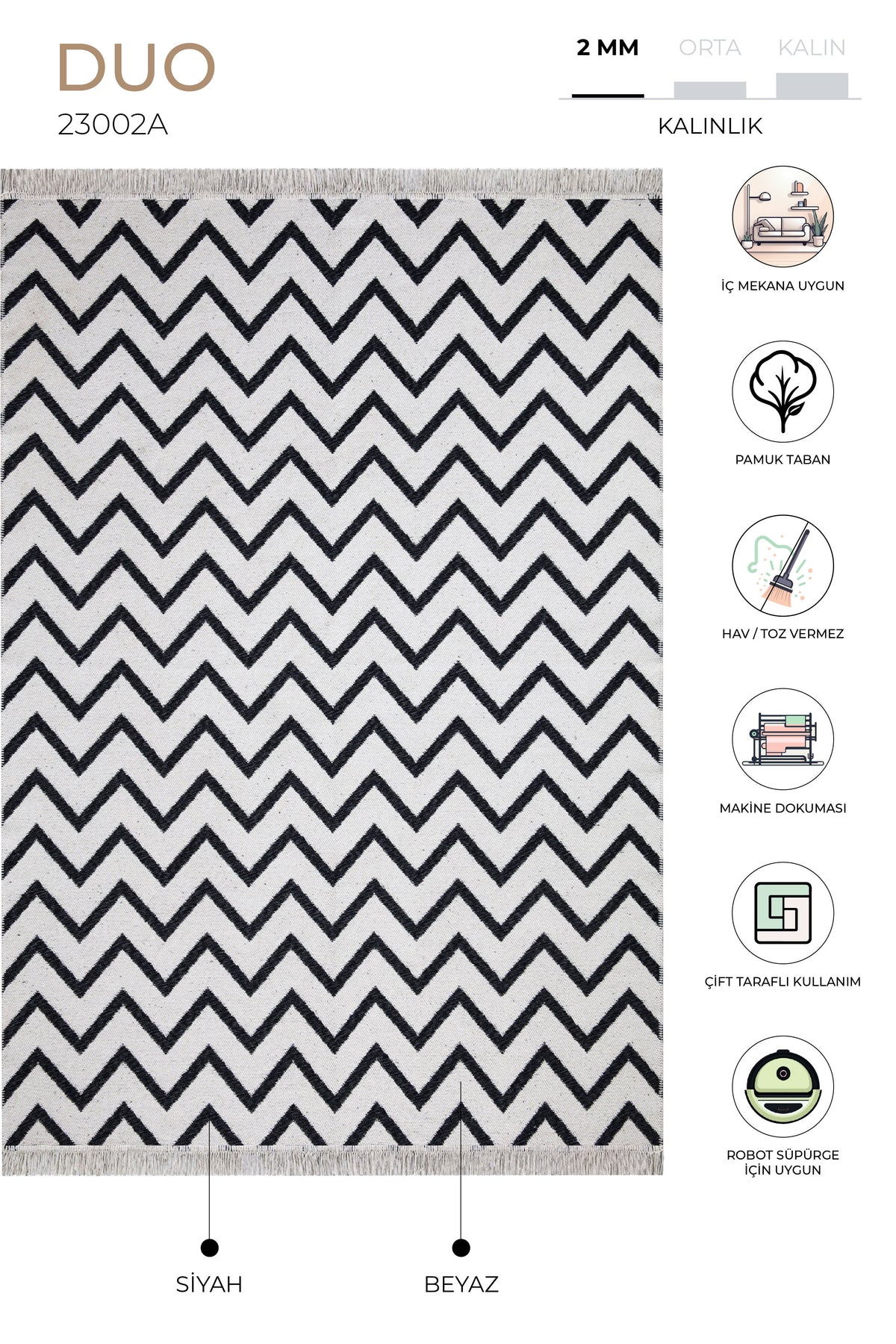 Duo Beyaz Siyah Çift Taraflı Yıkanabilir Dokuma Kilim 23002A