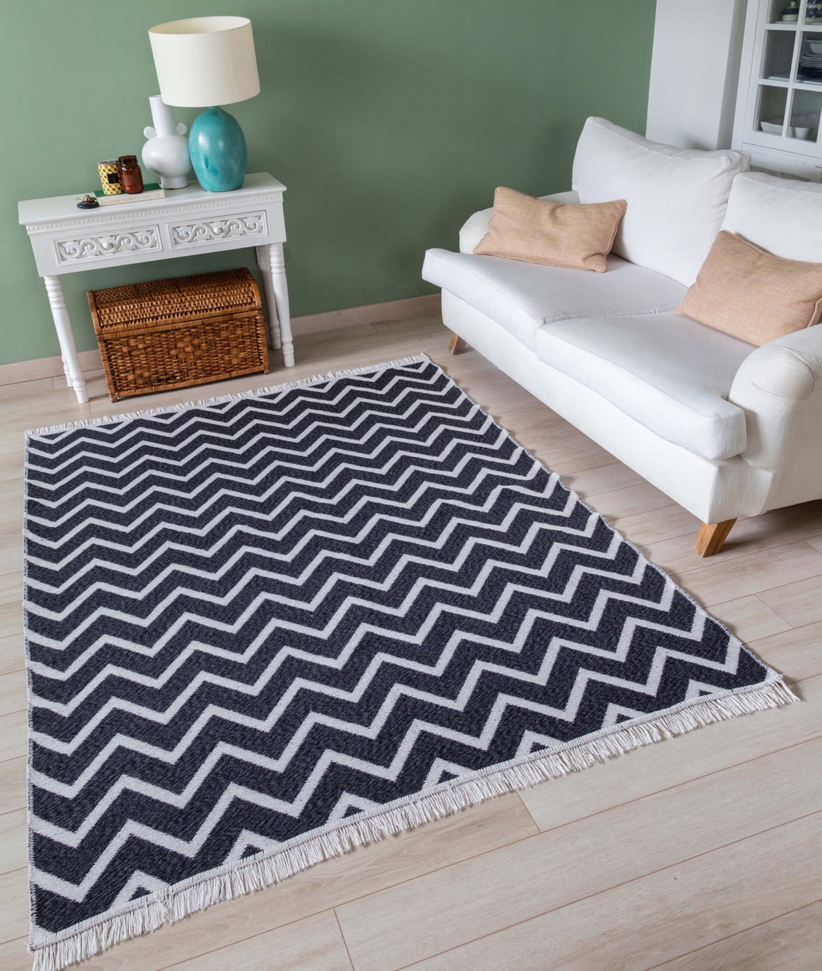 Duo Beyaz Siyah Çift Taraflı Yıkanabilir Dokuma Kilim 23002A