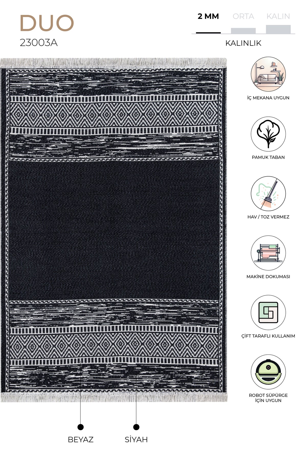 Duo Beyaz Siyah Çift Taraflı Yıkanabilir Dokuma Kilim 23003A