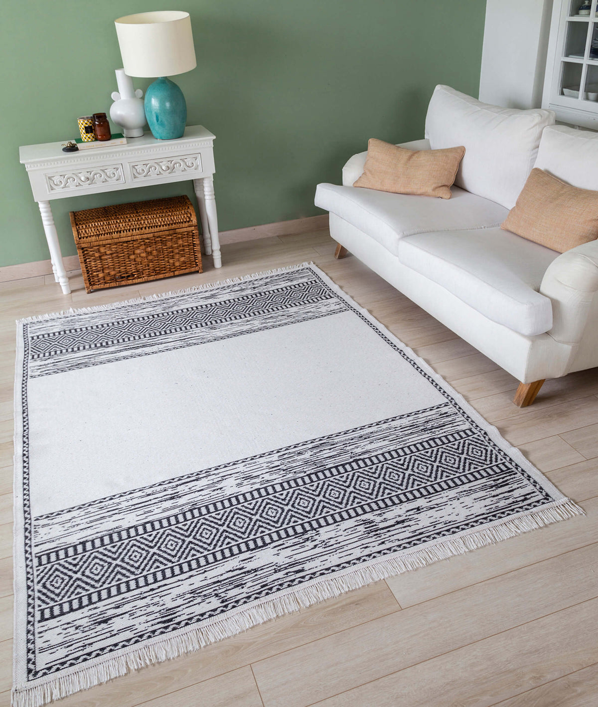 Duo Beyaz Siyah Çift Taraflı Yıkanabilir Dokuma Kilim 23003A