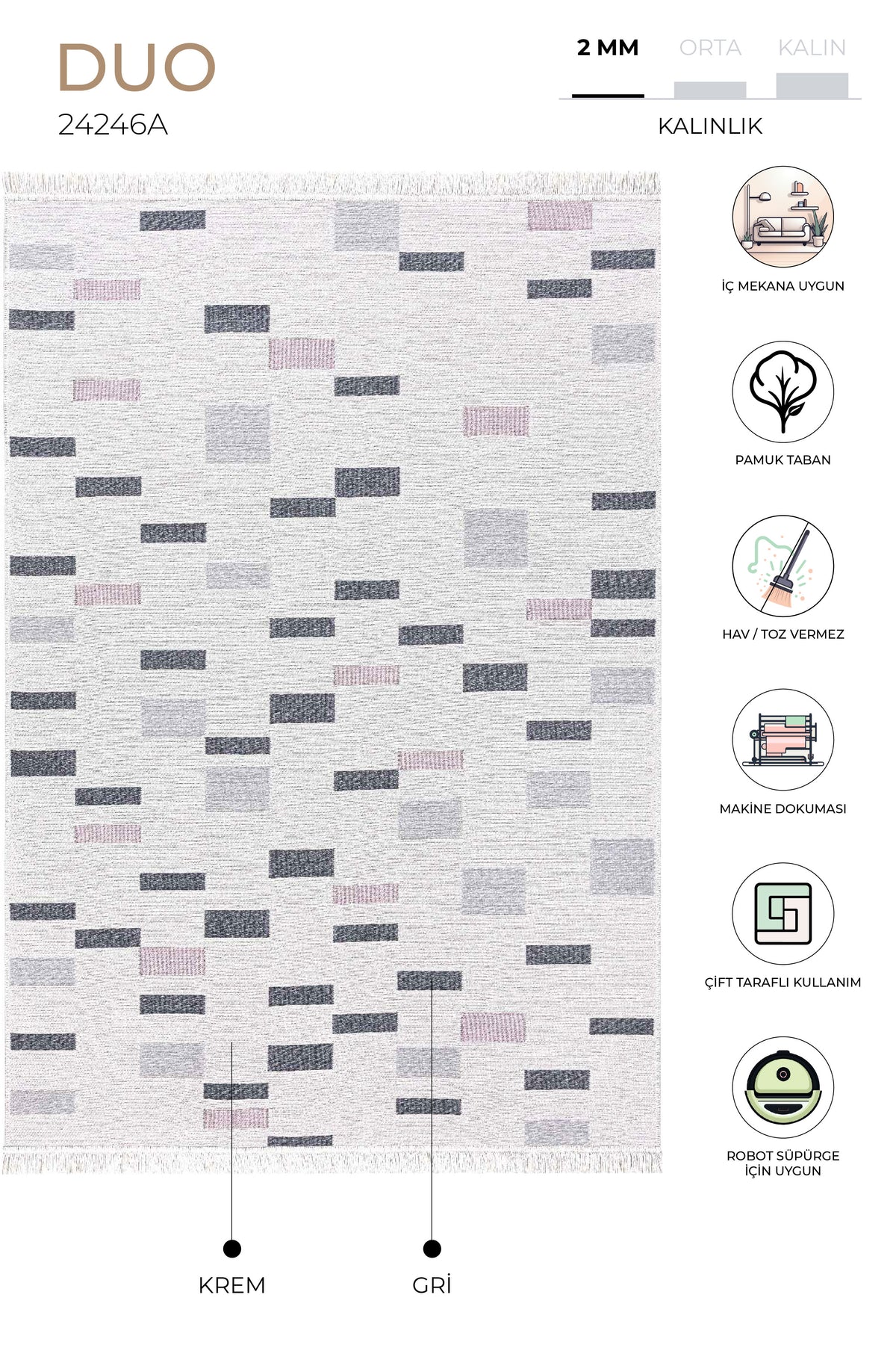 Duo Krem Gri Çift Taraflı Yıkanabilir Dokuma Kilim 24246A