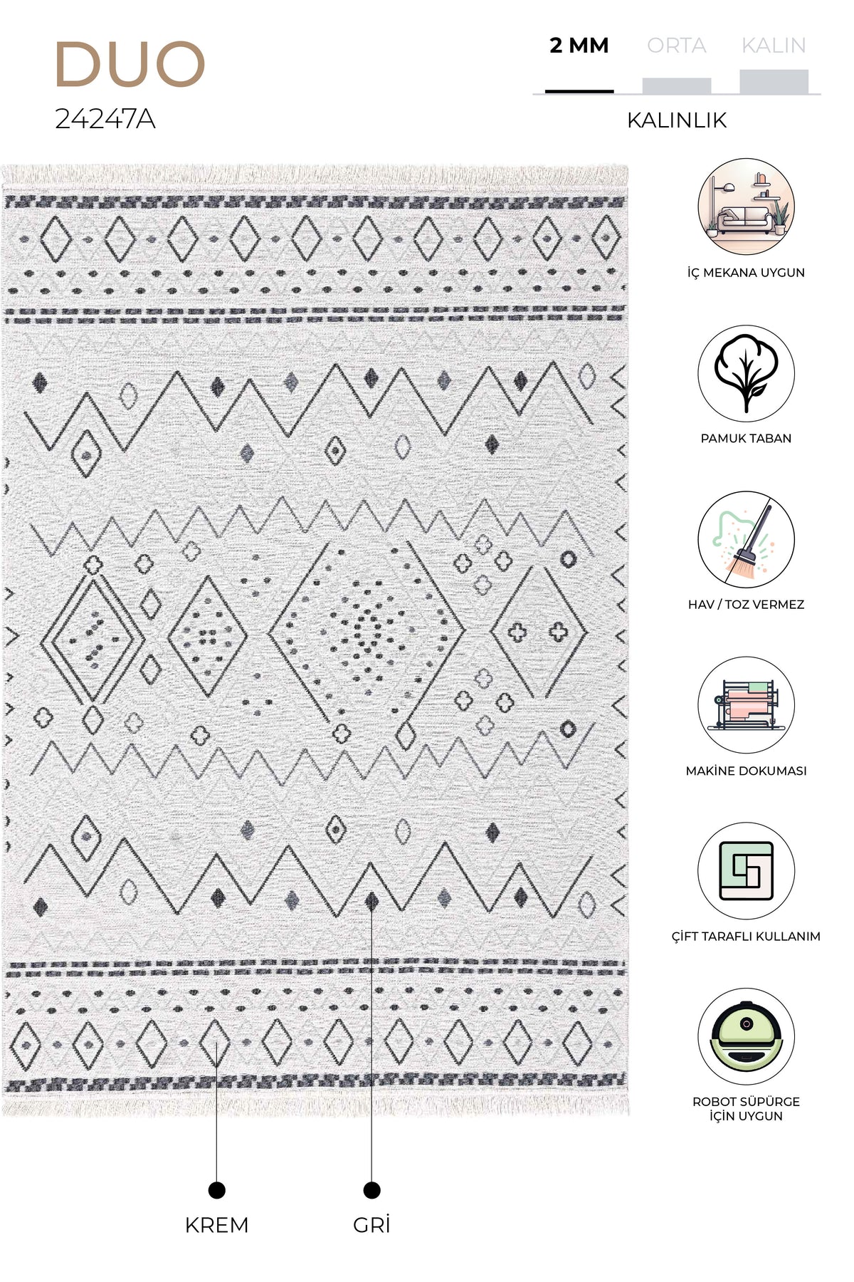 Duo Krem Gri Çift Taraflı Yıkanabilir Dokuma Kilim 24247A