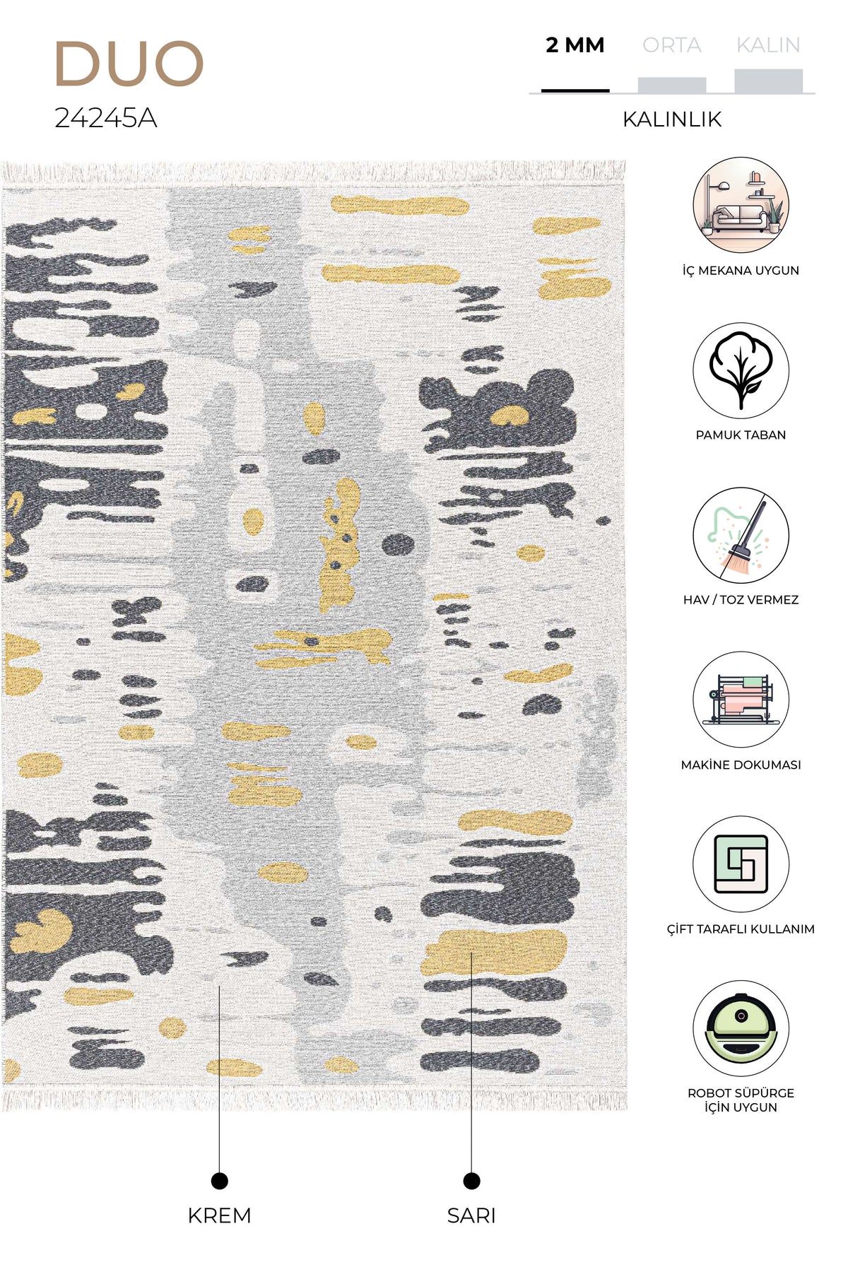 Duo Krem Sarı Çift Taraflı Yıkanabilir Dokuma Kilim 24245A