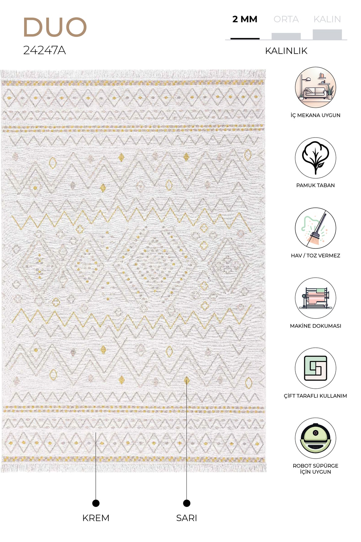 Duo Krem Sarı Çift Taraflı Yıkanabilir Dokuma Kilim 24247A