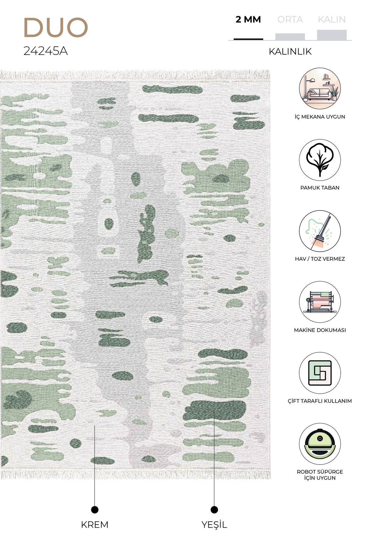Duo Krem Yeşil Çift Taraflı Yıkanabilir Dokuma Kilim 24245A