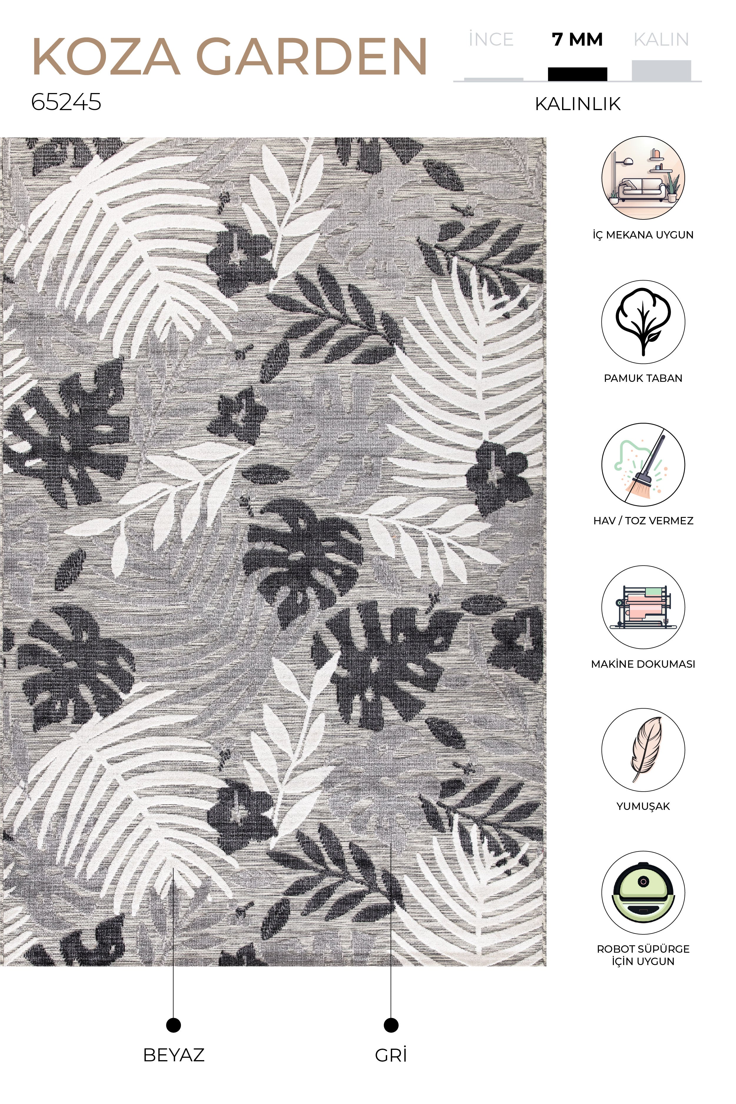 Koza Garden Gri Halı Kilim Balkon Teras Bahçe Salon Koridor Makine Halısı 65245