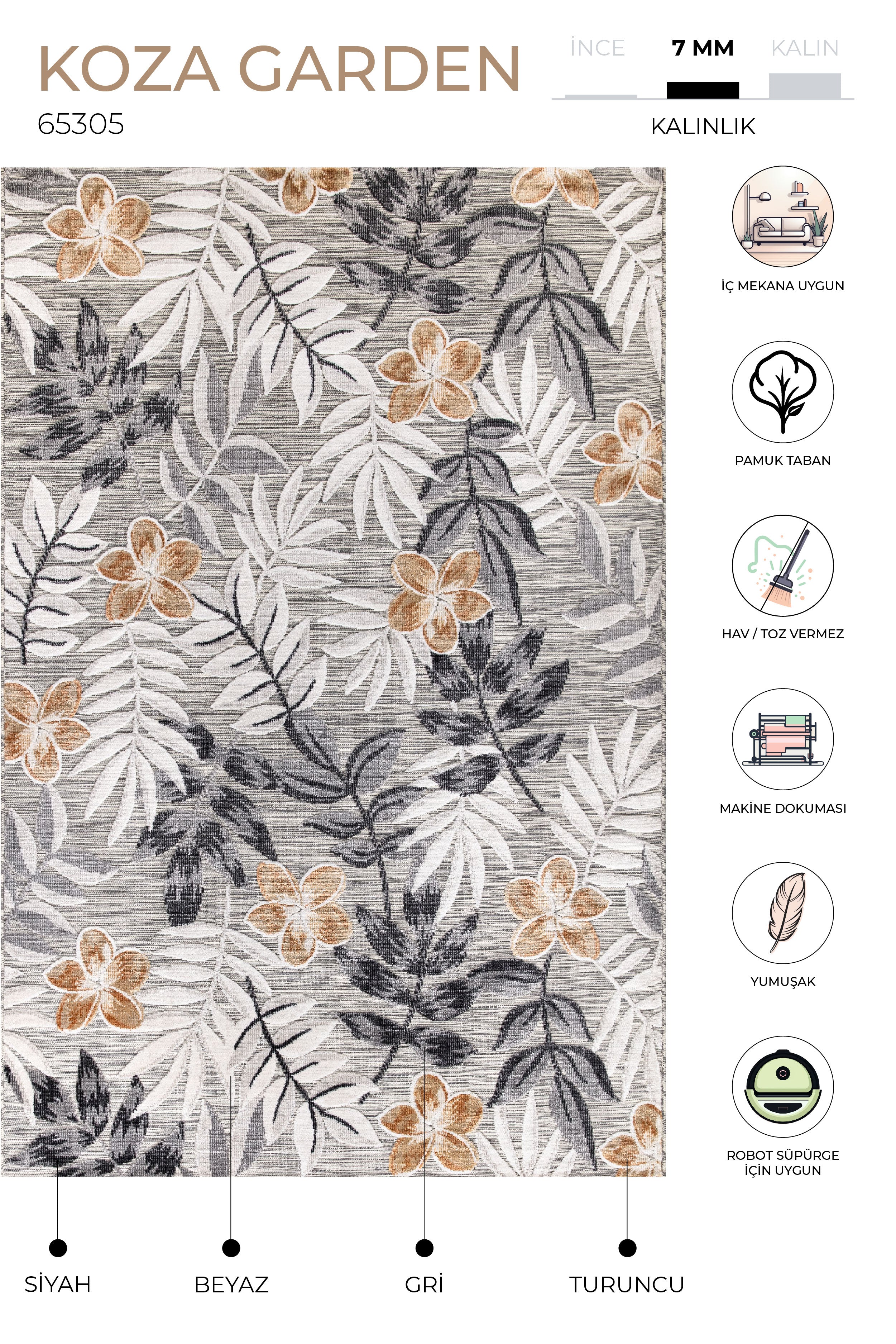Koza Garden Gri Halı Kilim Balkon Teras Bahçe Salon Koridor Makine Halısı 65305