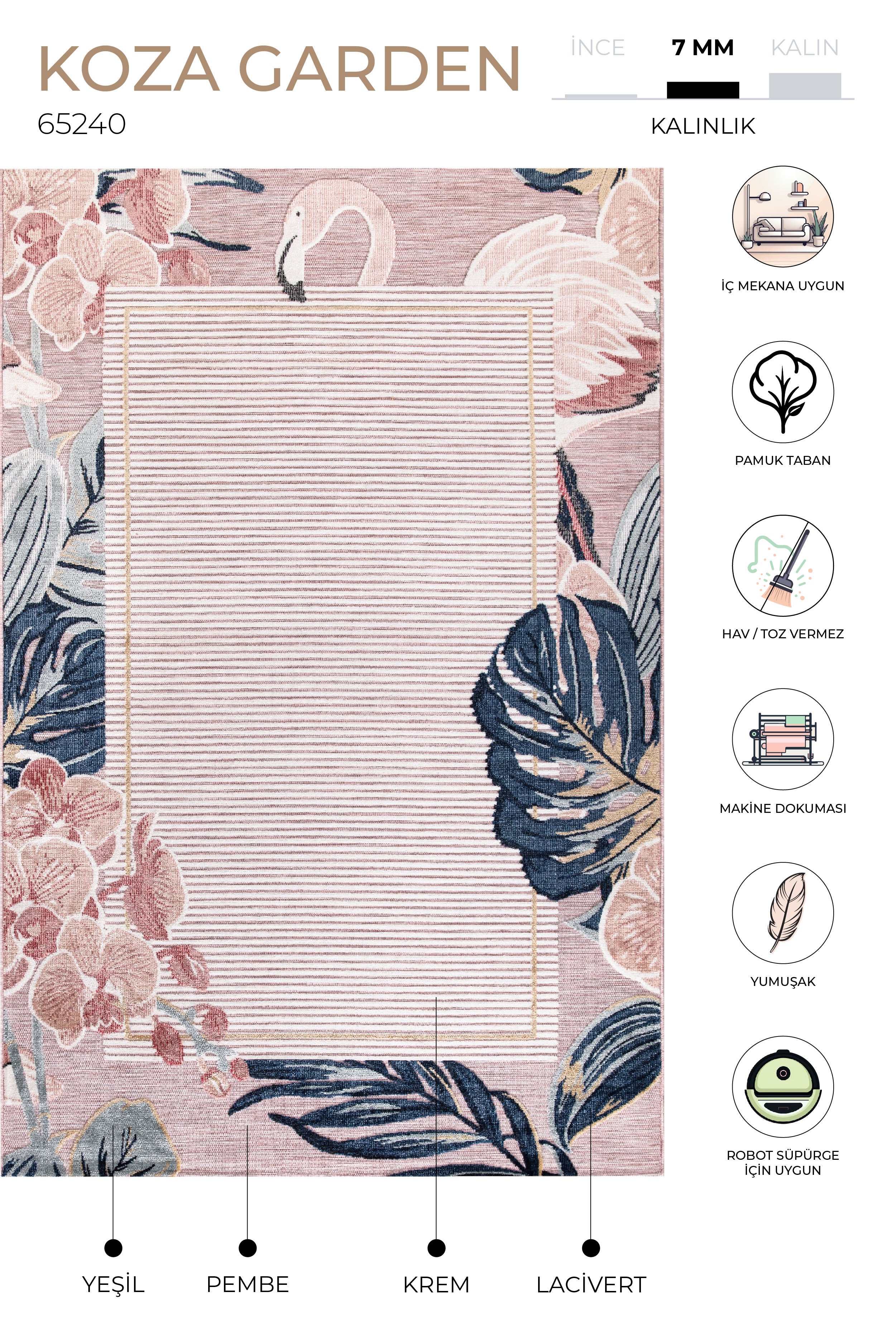 Koza Garden Pembe Halı Kilim Balkon Teras Bahçe Salon Koridor Makine Halısı 65240