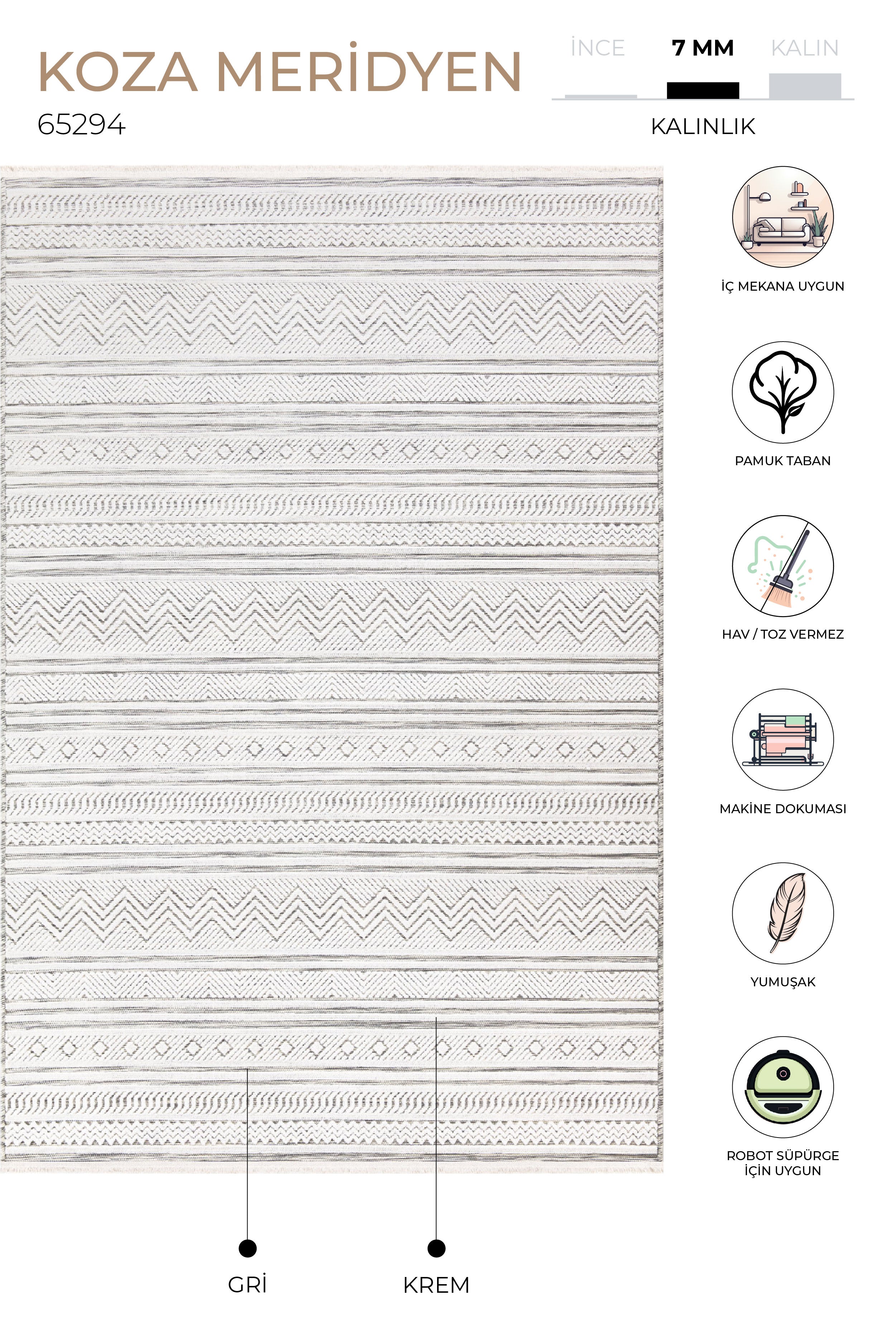 Koza Meridyen Gri Halı Kilim Balkon Teras Bahçe Salon Koridor Makine Halısı 65294