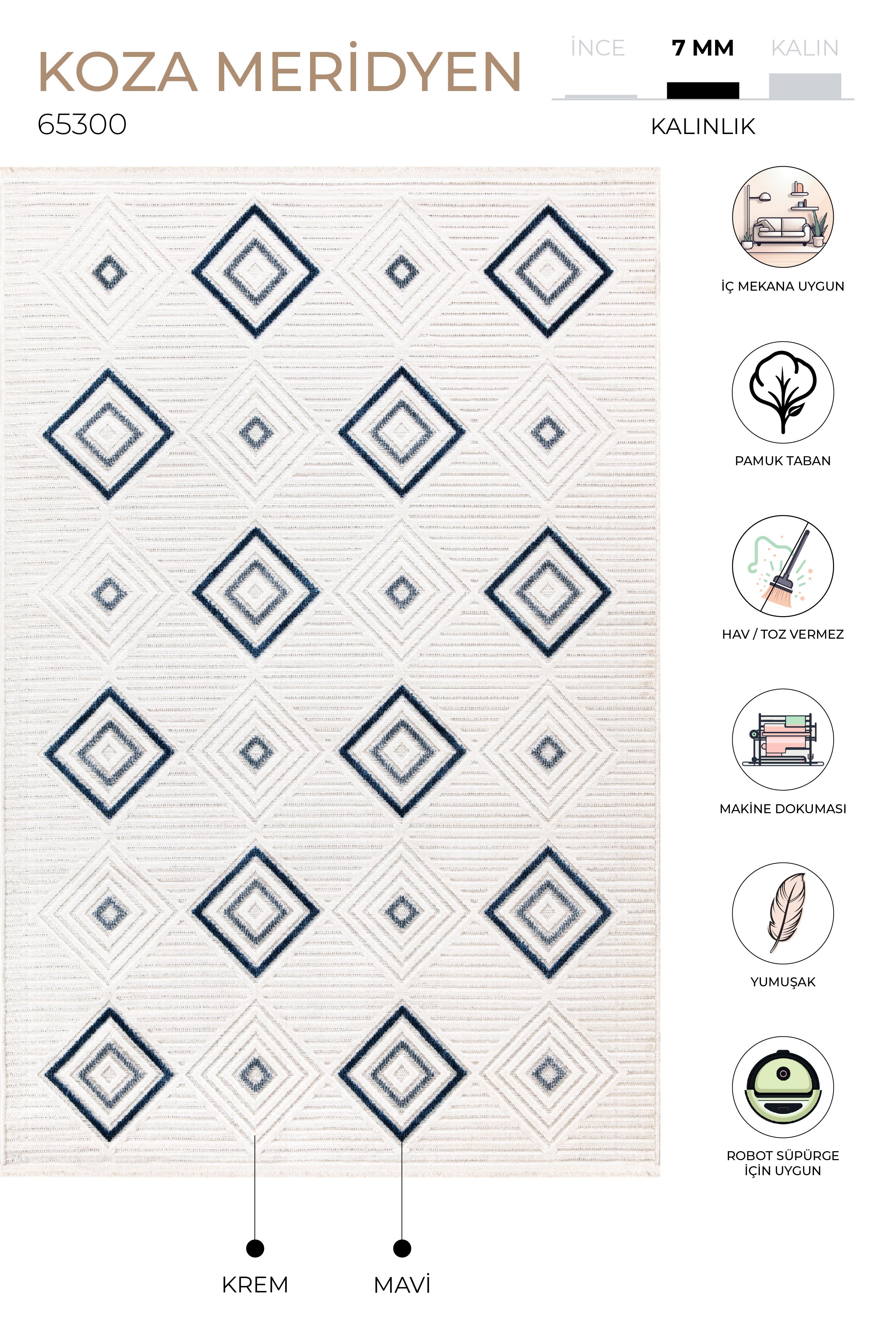 Koza Meridyen Mavi Halı Kilim Balkon Teras Bahçe Salon Koridor Makine Halısı 65300