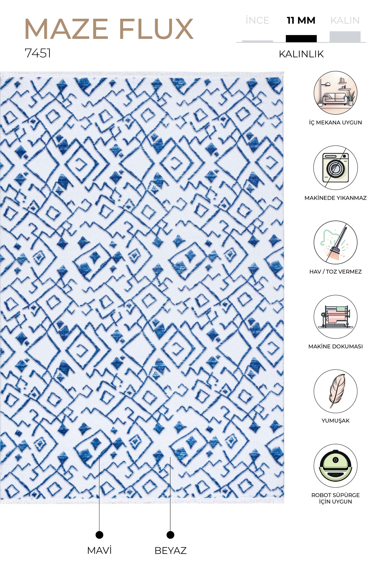 Maze Flux Mavi Desenli Peluş Halı 7451