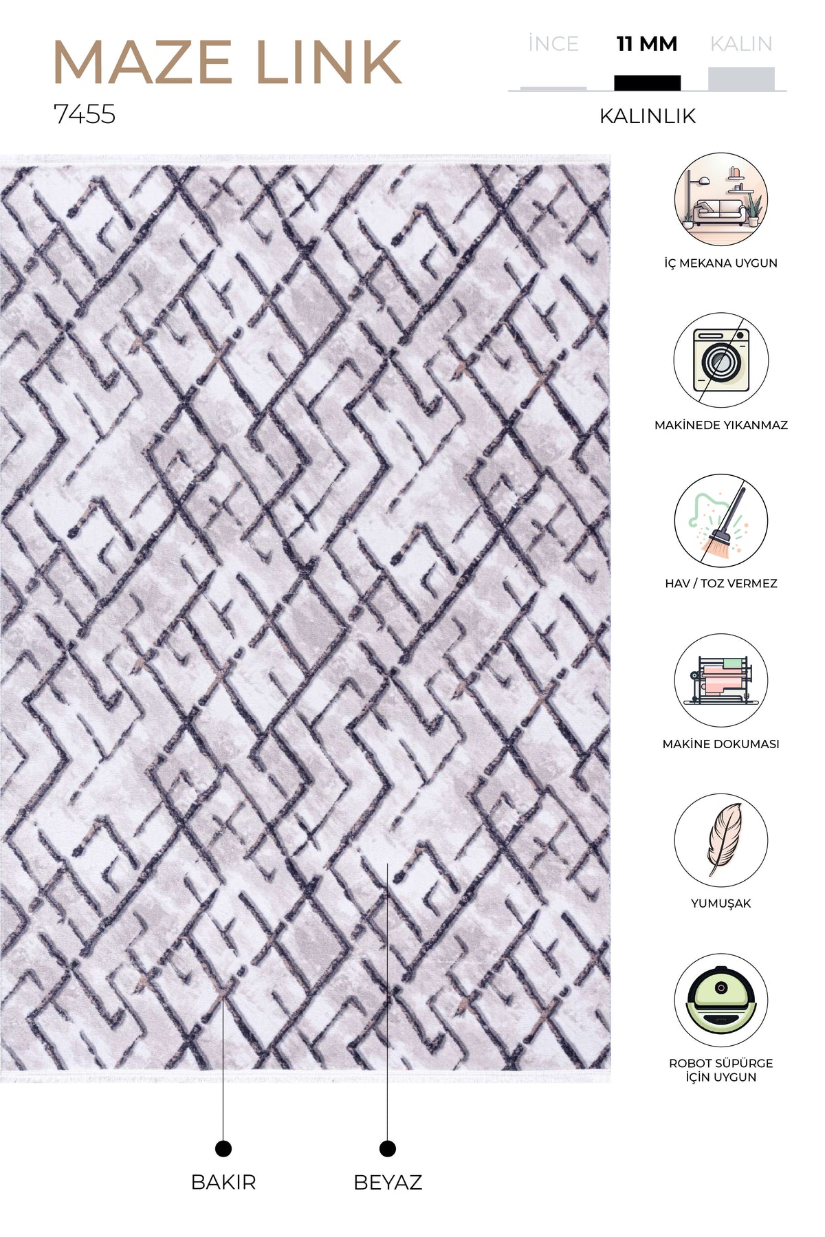 Maze Link Bakır Desenli Peluş Halı 7455