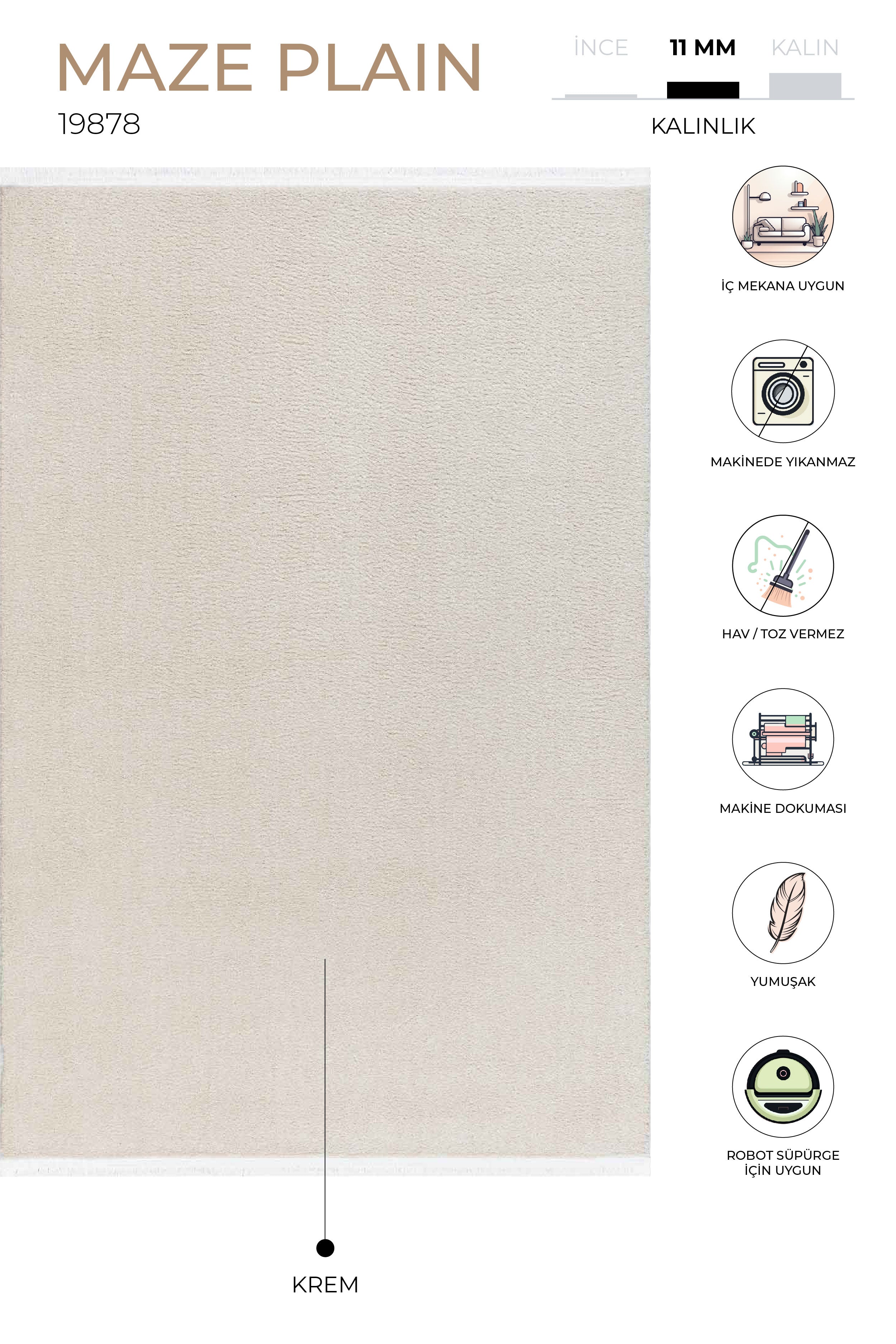 Maze Plain Ekru Kaymaz Taban Peluş Halı 19878