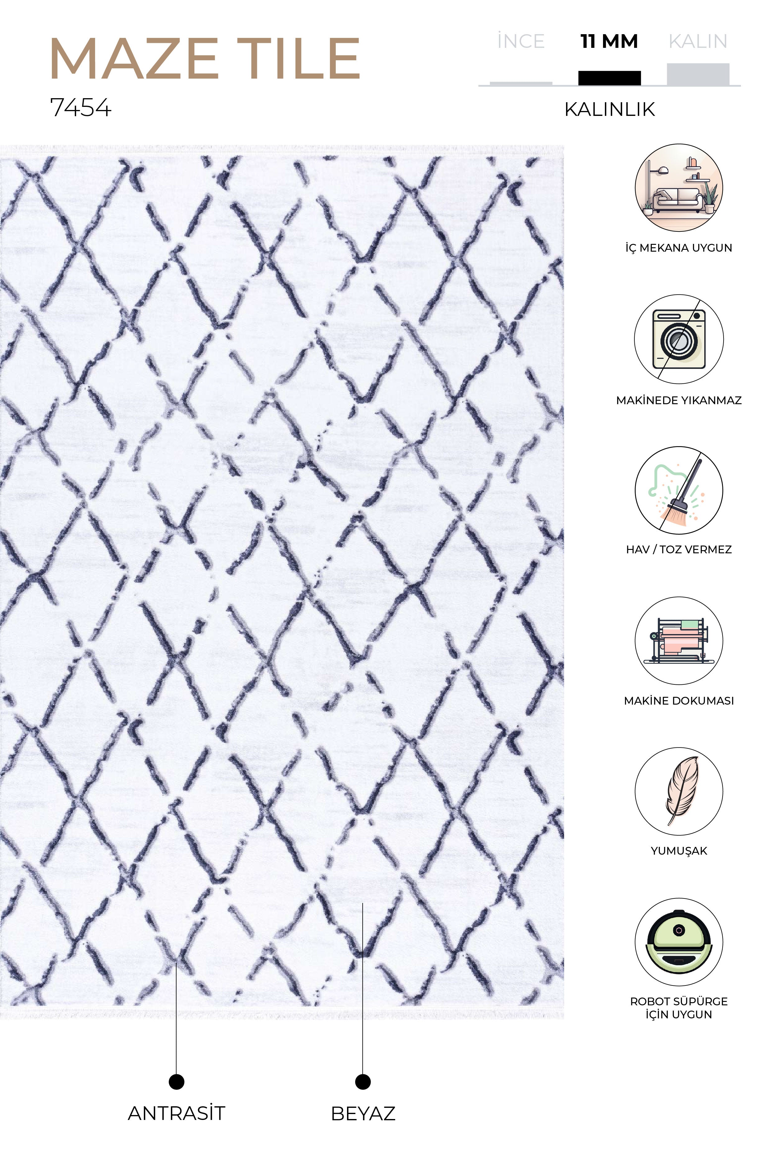 Maze Tile Antrasit Desenli Peluş Halı 7454