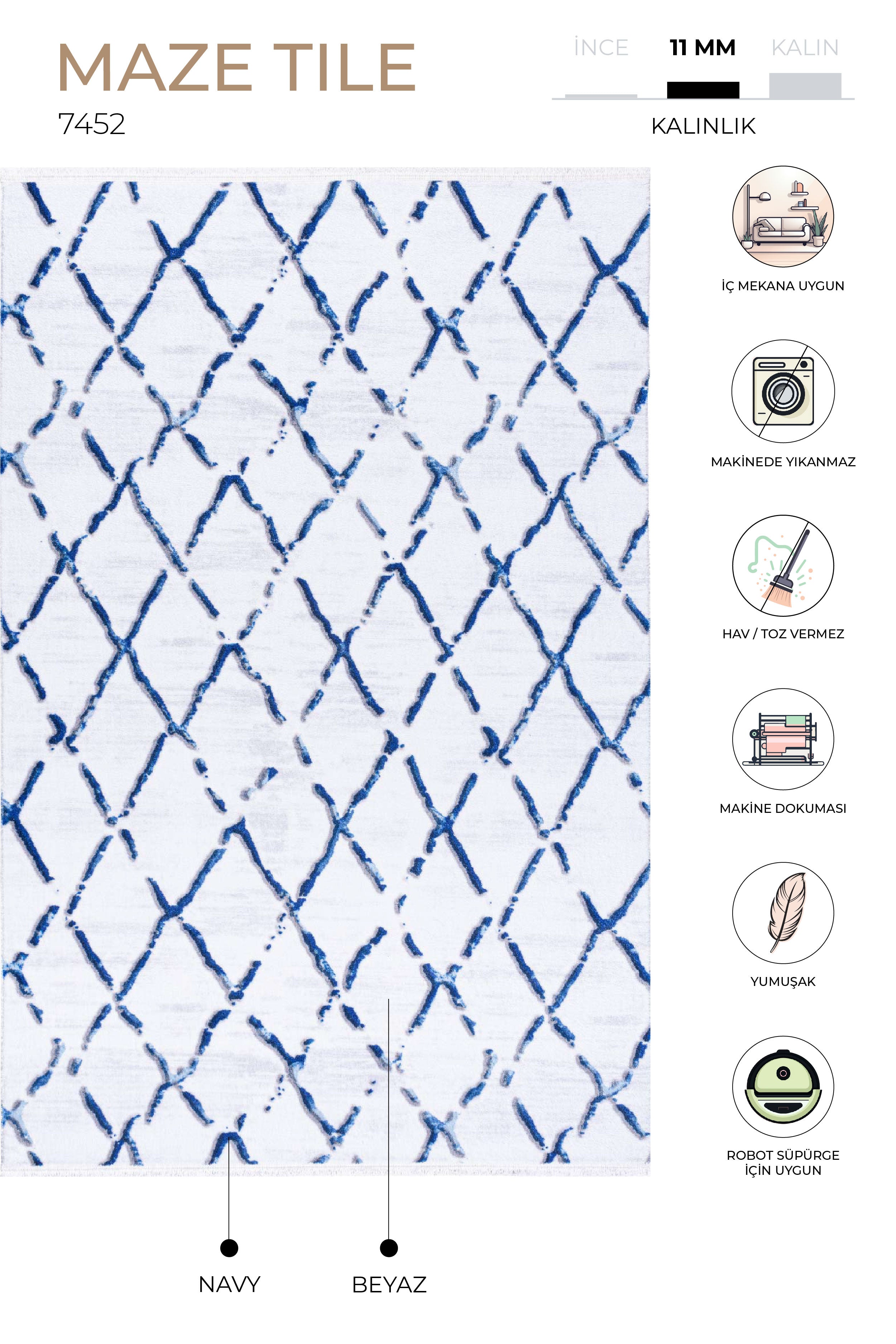 Maze Tile Navy Desenli Peluş Halı 7452