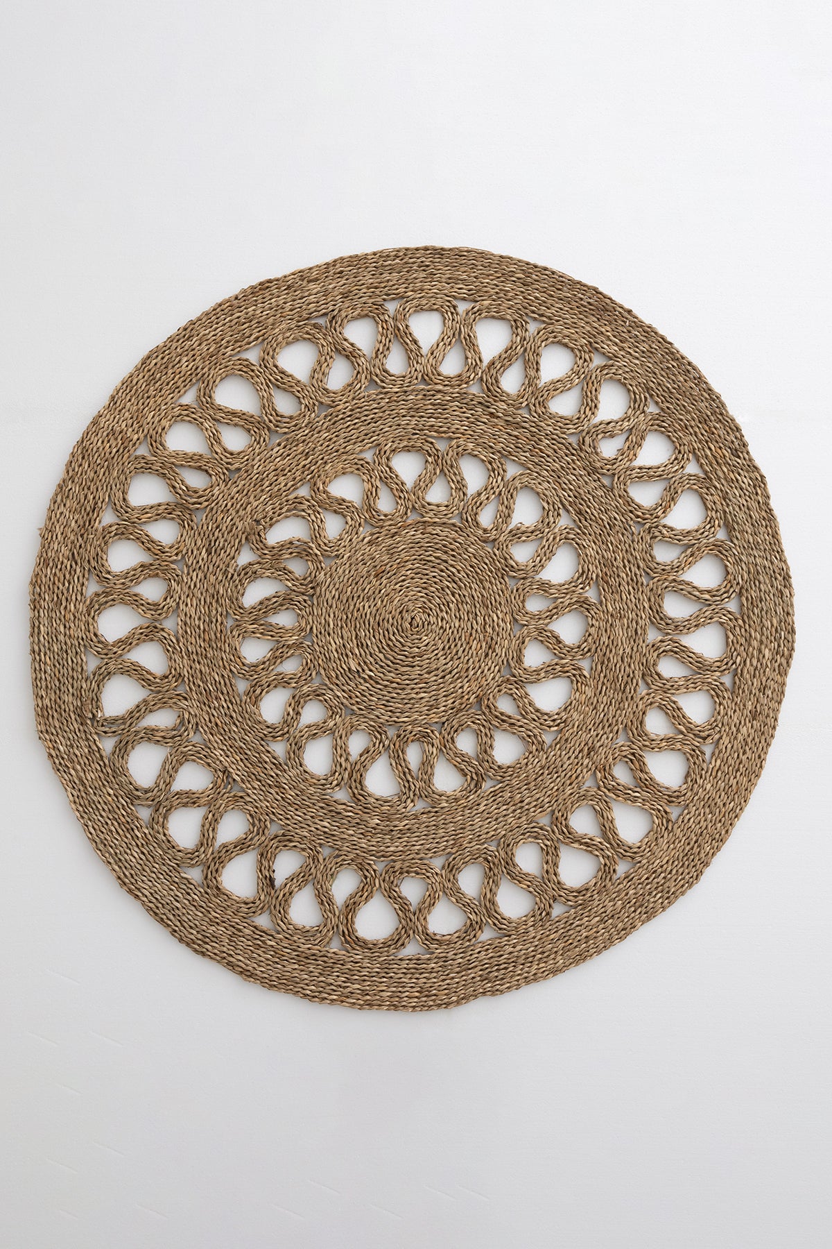 Meander El Yapımı Naturel Oya Desenli Deniz Sazı Yuvarlak Halı 120cm 8884