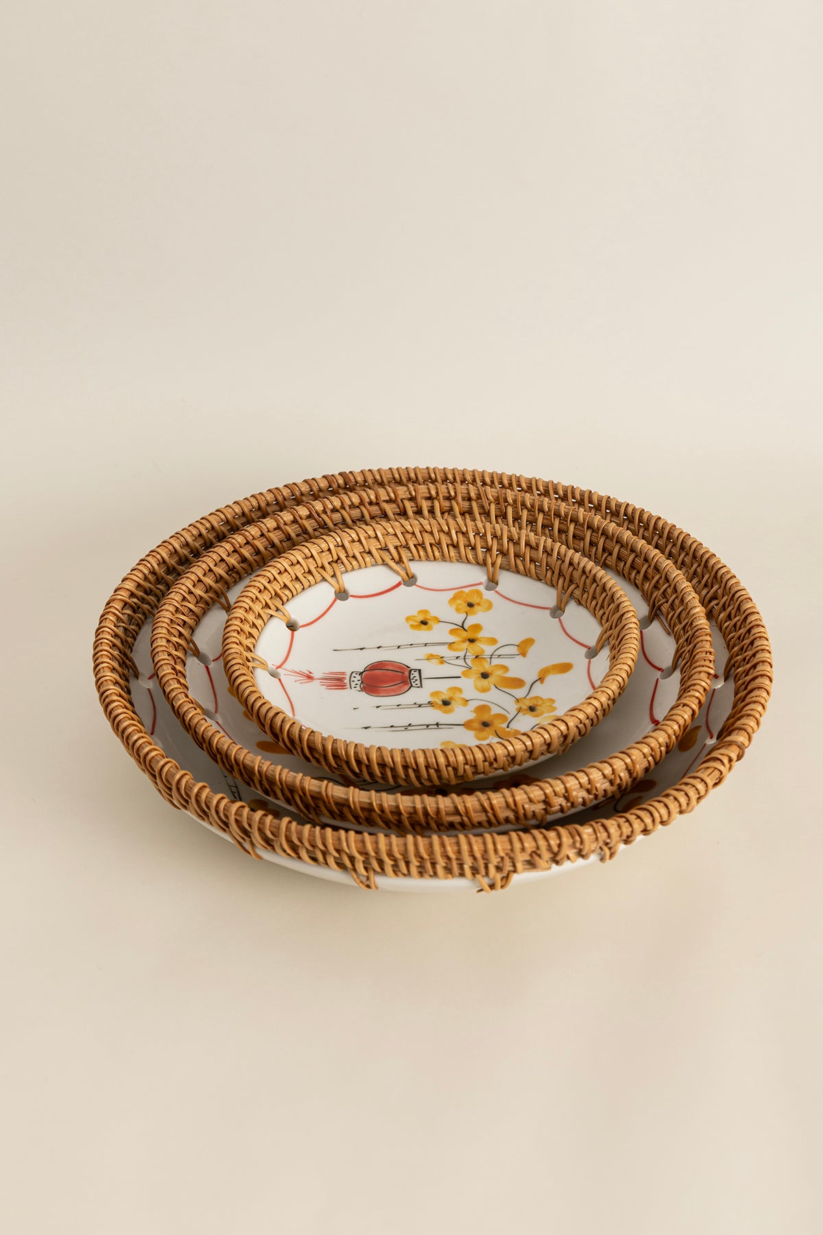 Meander Rattan Gelincik Çerçeveli El Yapımı Üçlü Seramik Kase 9063