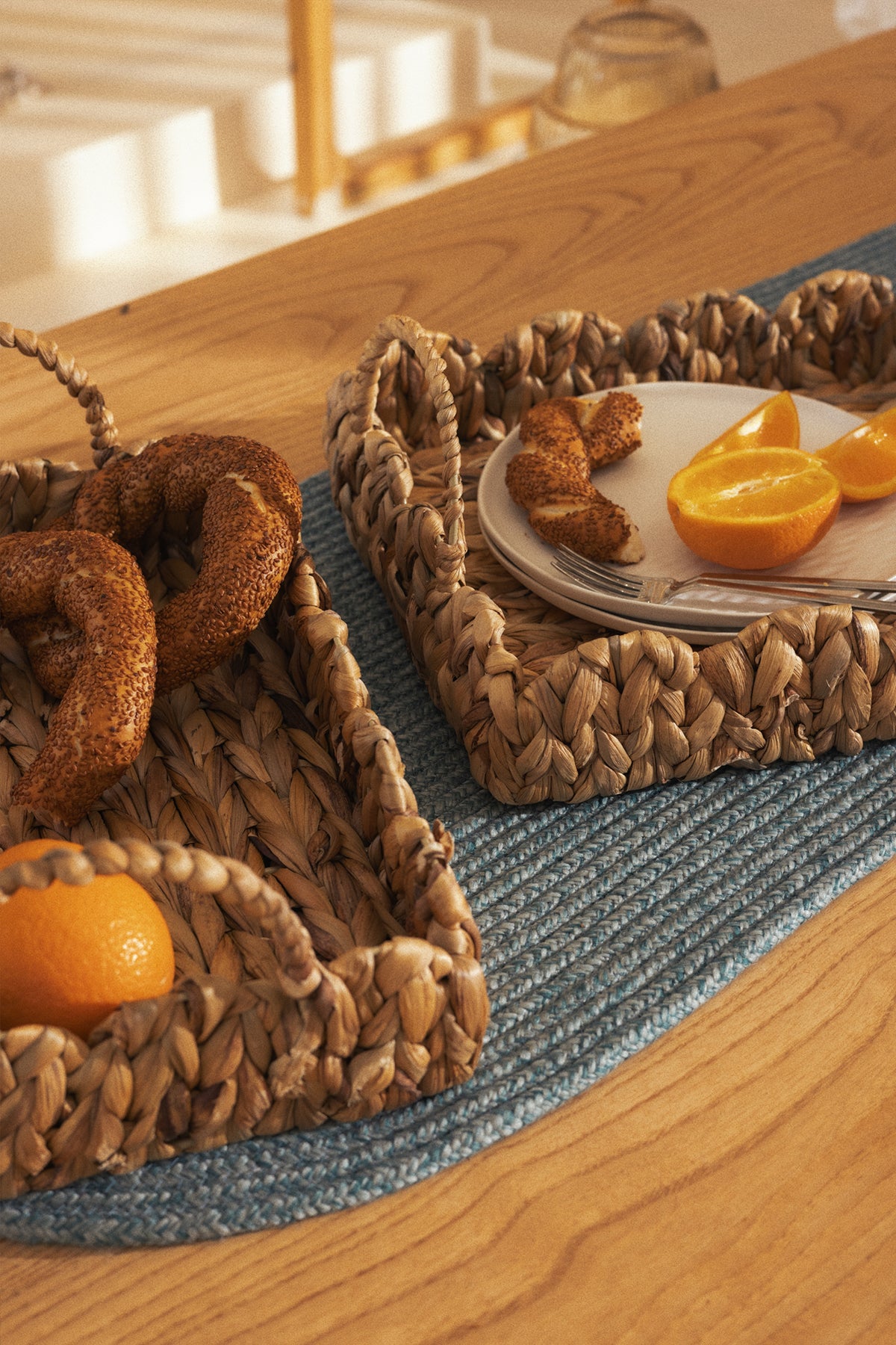 Meander Su Sümbülü Dikdörtgen Kulplu Desenli Tepsi 2'li Set 5119