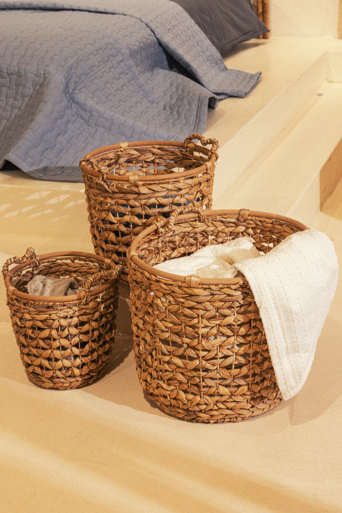 Meander Su Sümbülü Yuvarlak Naturel Sepet 3'lü Set 5115