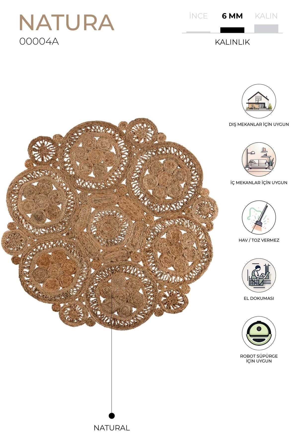 Natura El Dokuma Jüt Bohem Tarz Otantik Salon Oturma Odası Koridor Yatak Odası Natural Halı 00004A