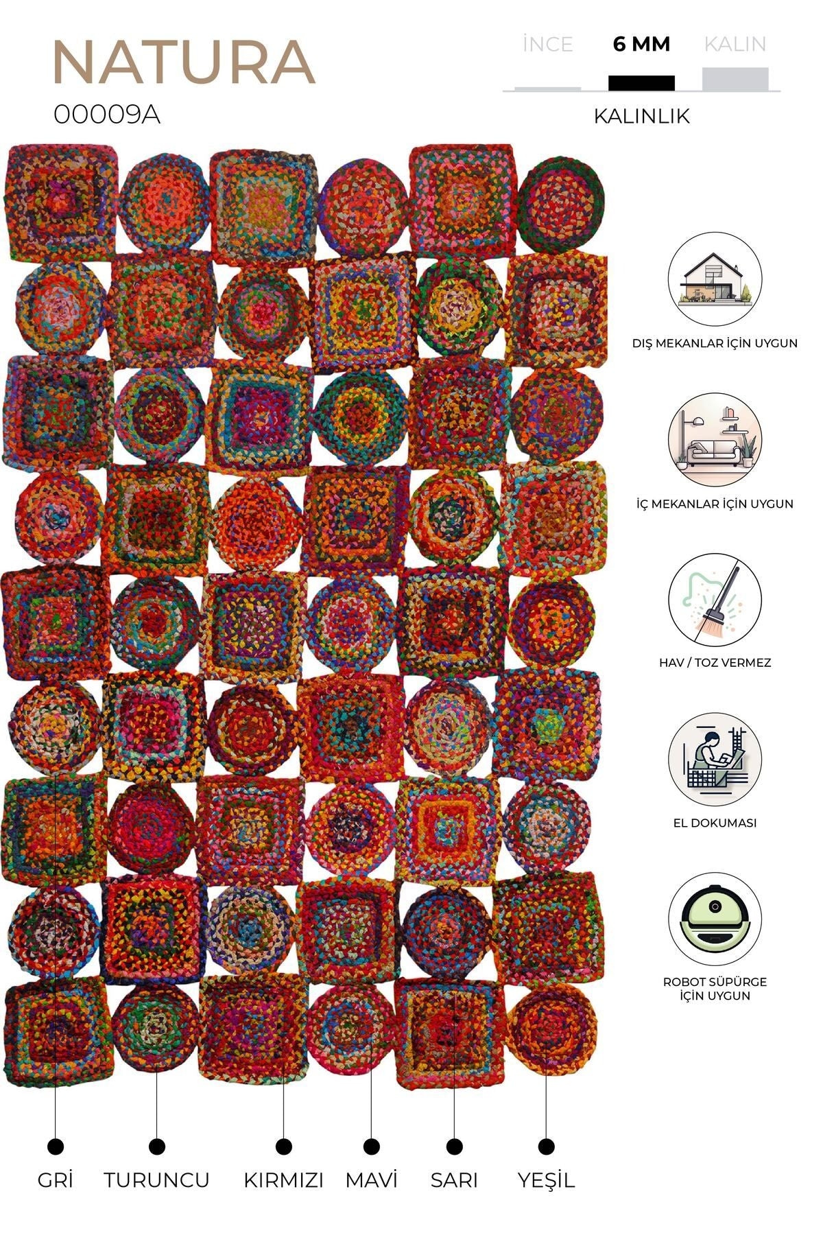 Natura El Dokuma Jüt Bohem Tarz Otantik Salon Oturma Odası Koridor Yatak Odası Natural Halı 00009A