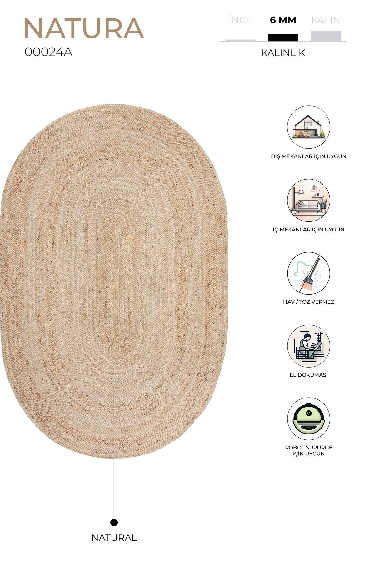 Natura El Dokuma Jüt Bohem Tarz Otantik Salon Oturma Odası Koridor Yatak Odası Natural Halı 00024A