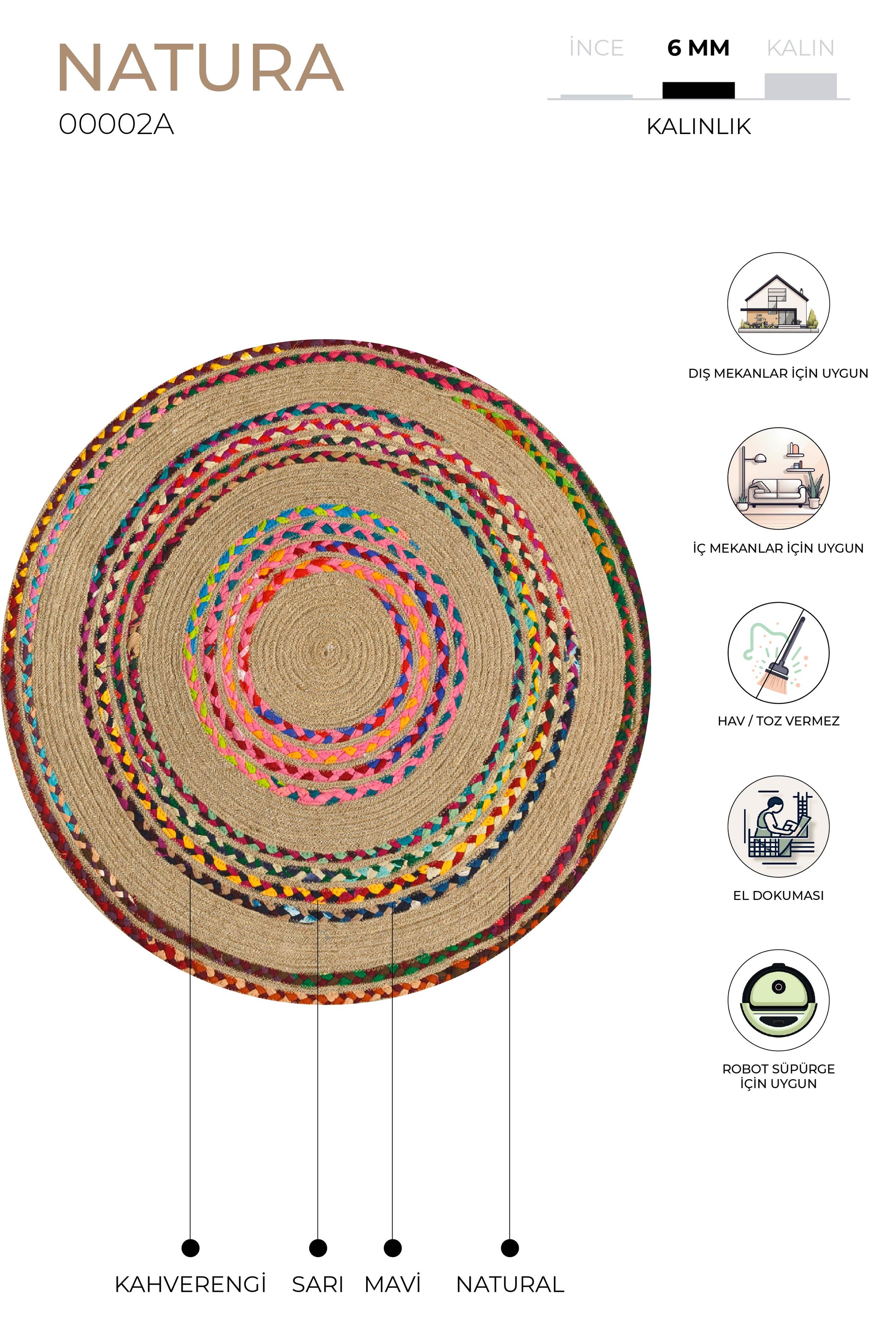 Natura El Dokuma Jüt Bohem Tarz Otantik Salon Oturma Odası Koridor Yatak Odası Natural Halı 00002A