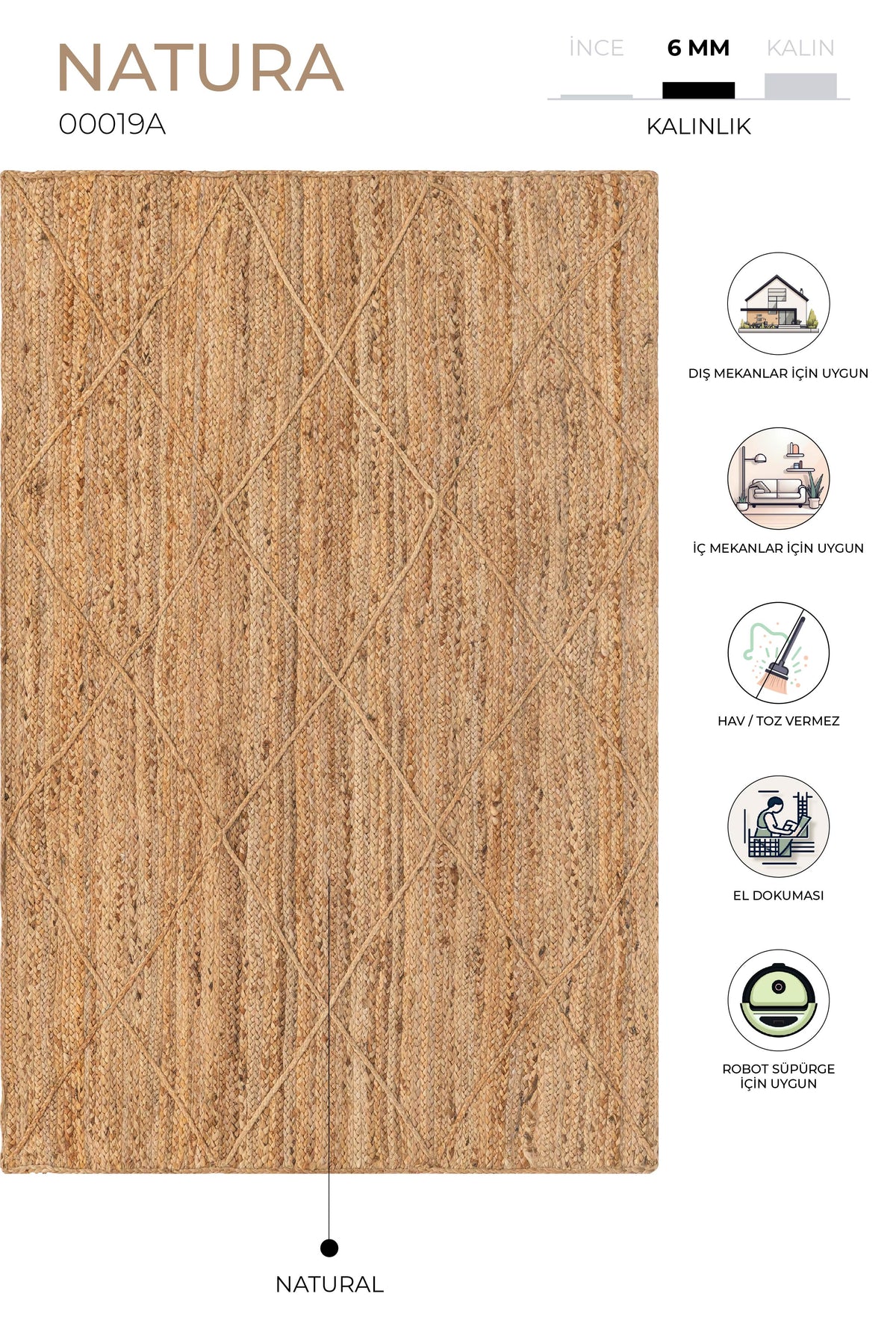 Natura El Dokuma Jüt Bohem Tarz Otantik Salon Oturma Odası Koridor Yatak Odası Natural Halı 00019A