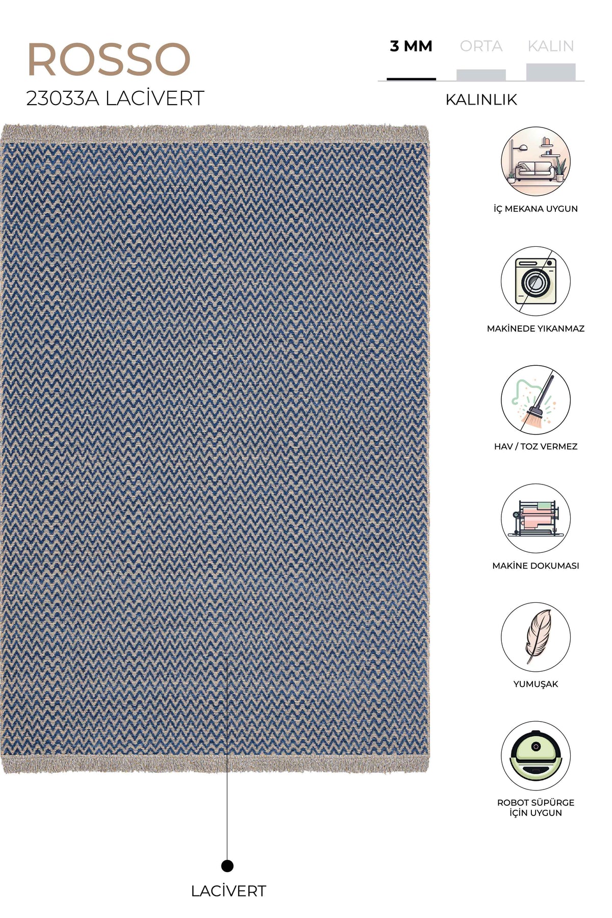 Rosso Lacivert Dokuma Sisal Halı Jüt Halı Kilim Salon Oturma Odası Yatak Odası Koridor Halısı 23033A