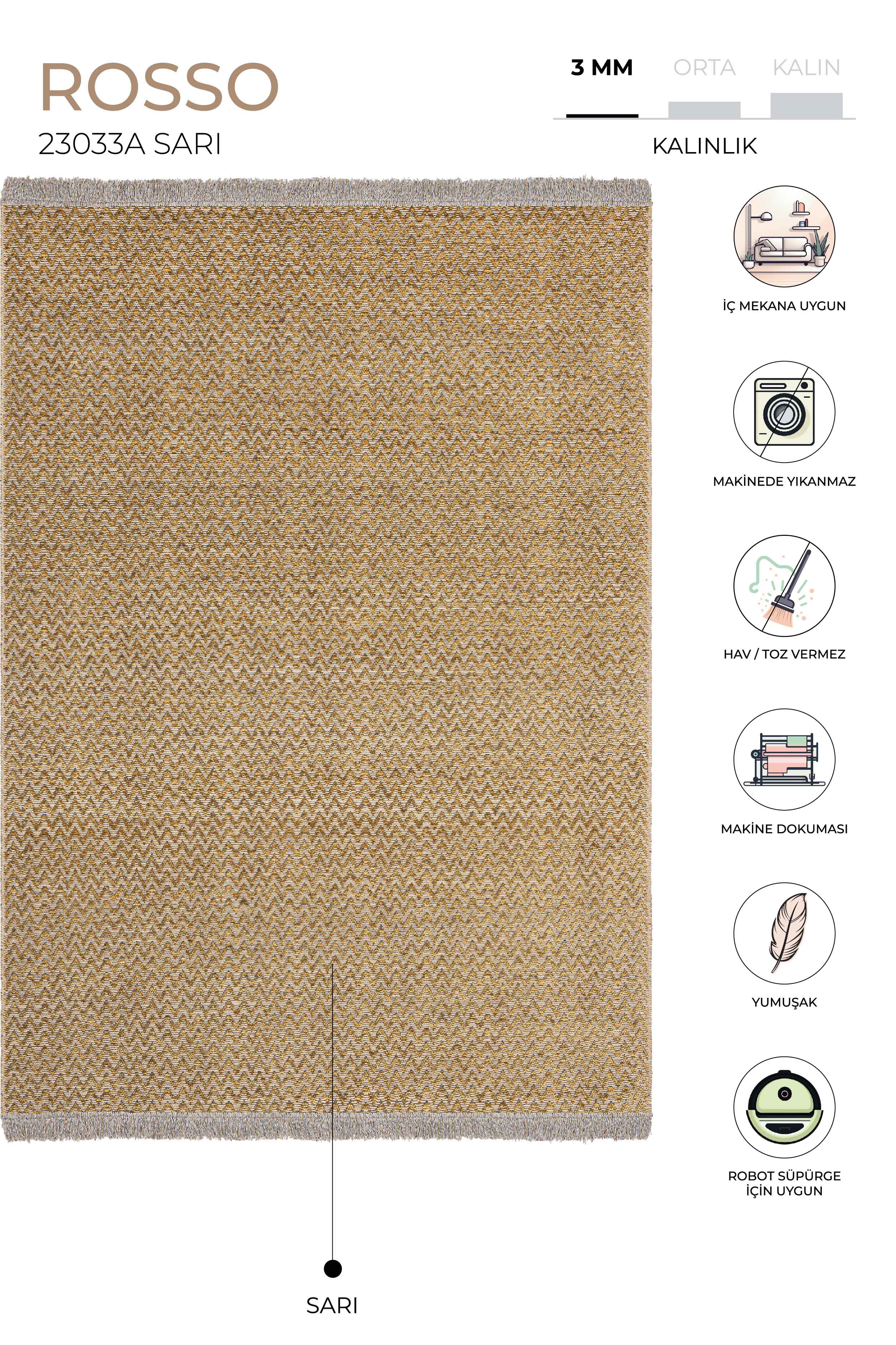 Rosso Sarı Dokuma Sisal Halı Jüt Halı Kilim Salon Oturma Odası Yatak Odası Koridor Halısı 23033A