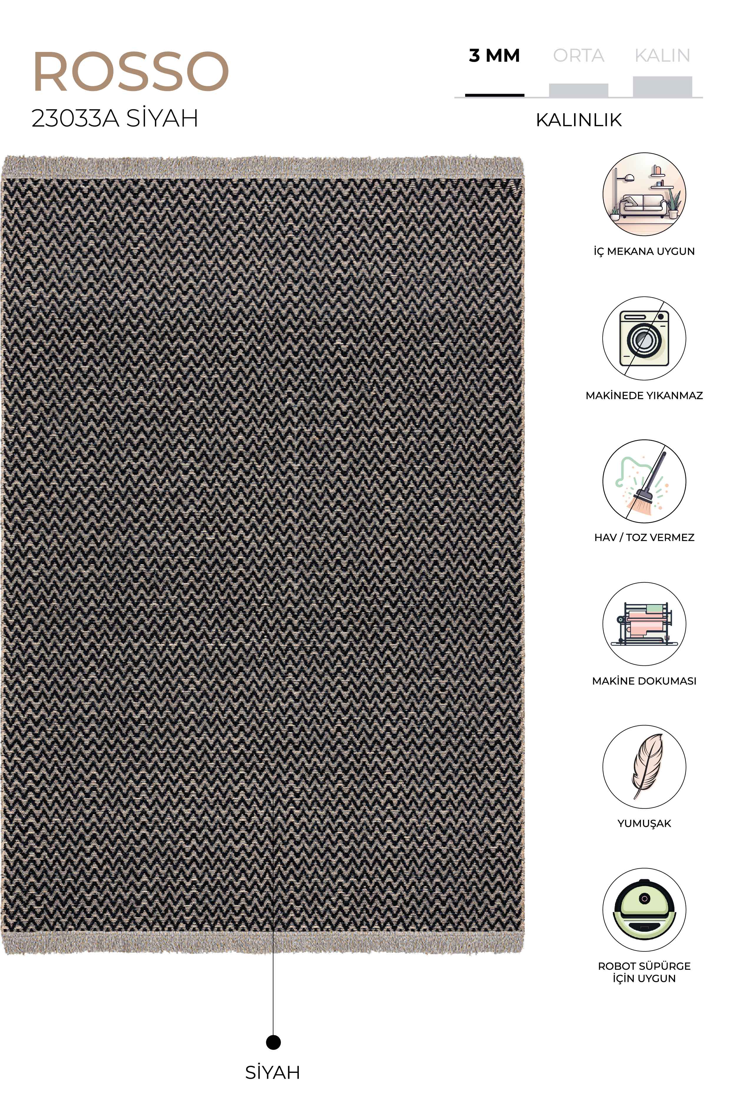 Rosso Siyah Dokuma Sisal Halı Jüt Halı Kilim Salon Oturma Odası Yatak Odası Koridor Halısı 23033A
