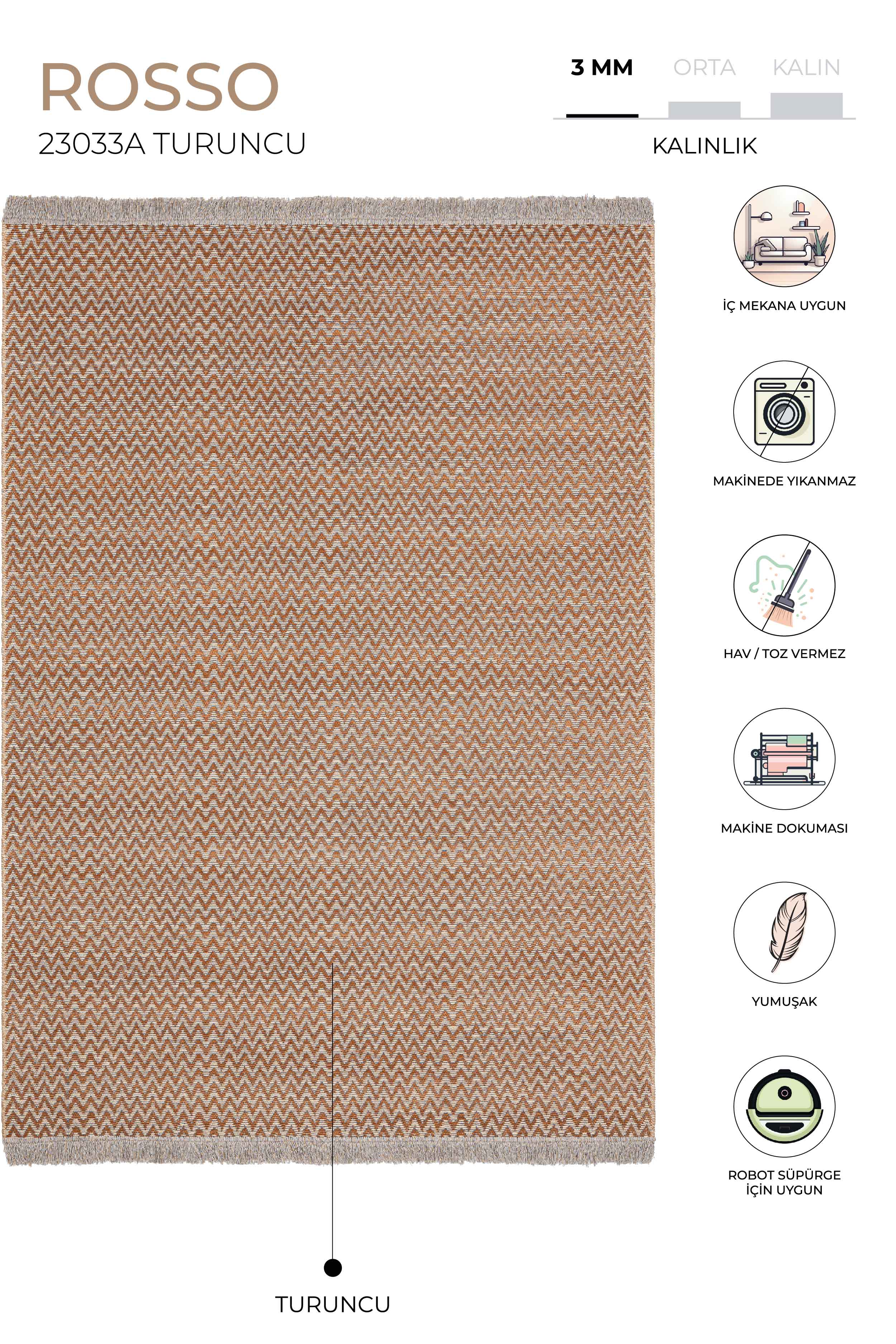 Rosso Turuncu Dokuma Sisal Halı Jüt Halı Kilim Salon Oturma Odası Yatak Odası Koridor Halısı 23033A