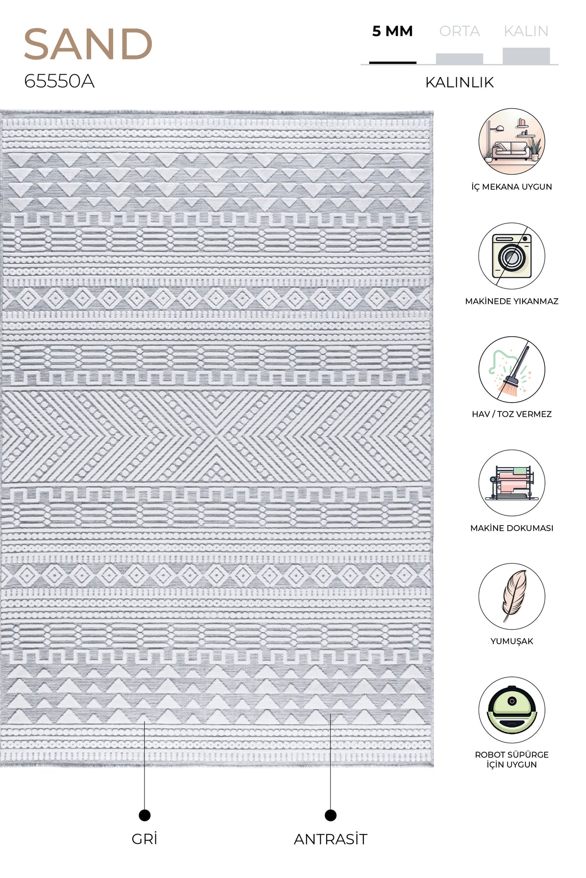 Sand Gri Antrasit Kolay Temizlenebilir Halı Kilim Oturma Odası Yatak Odası Koridor Makine Halısı 65550A