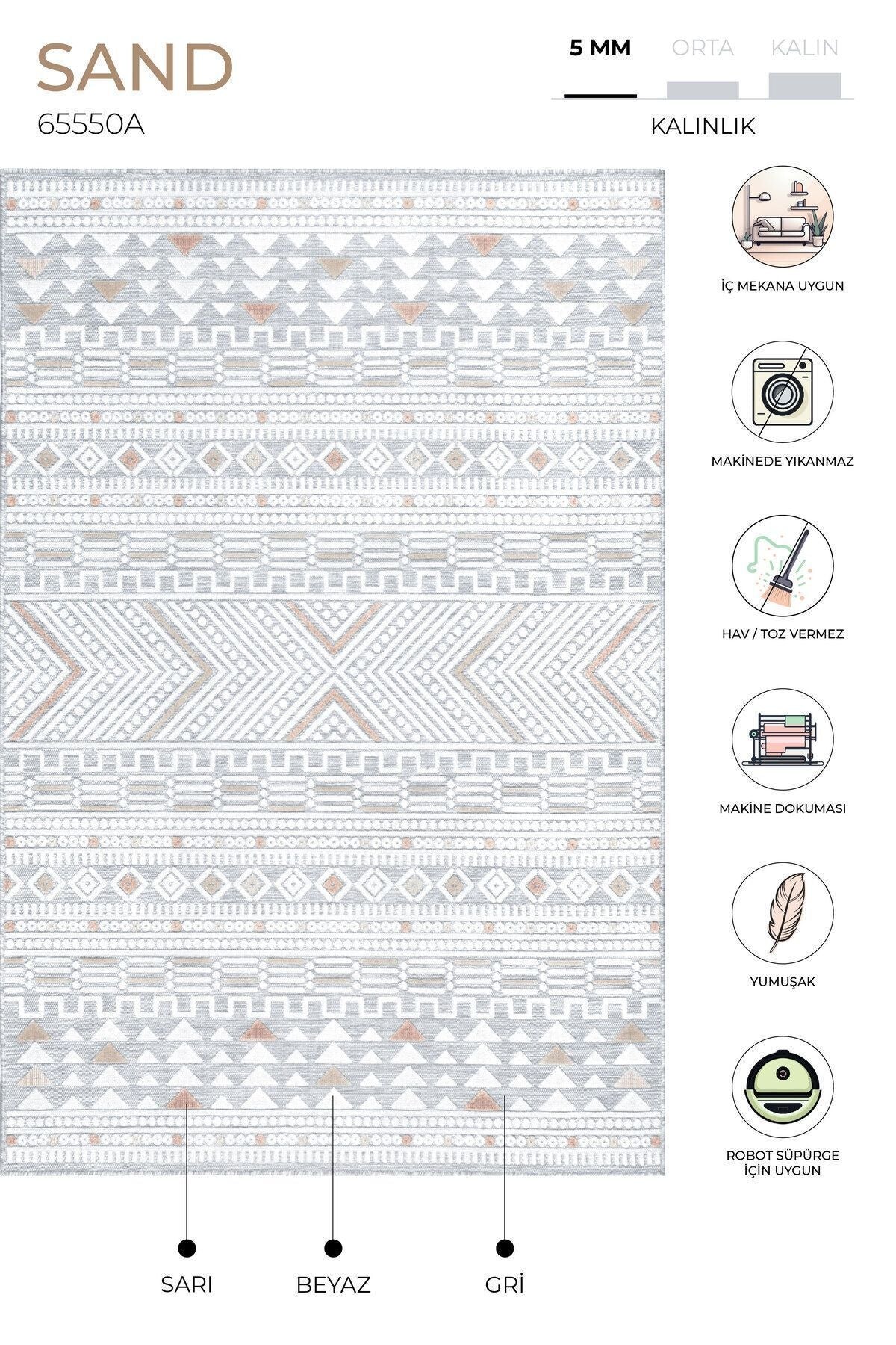 Sand Gri Sarı Kolay Temizlenebilir Halı Kilim Salon Oturma Odası Yatak Odası Koridor Makine Halısı 65550A