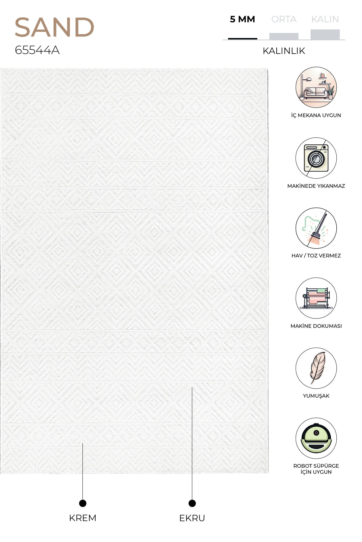 Sand Krem Ekru Kolay Temizlenebilir Halı Salon Oturma Odası Yatak Odası Koridor Makine Halısı 65544A