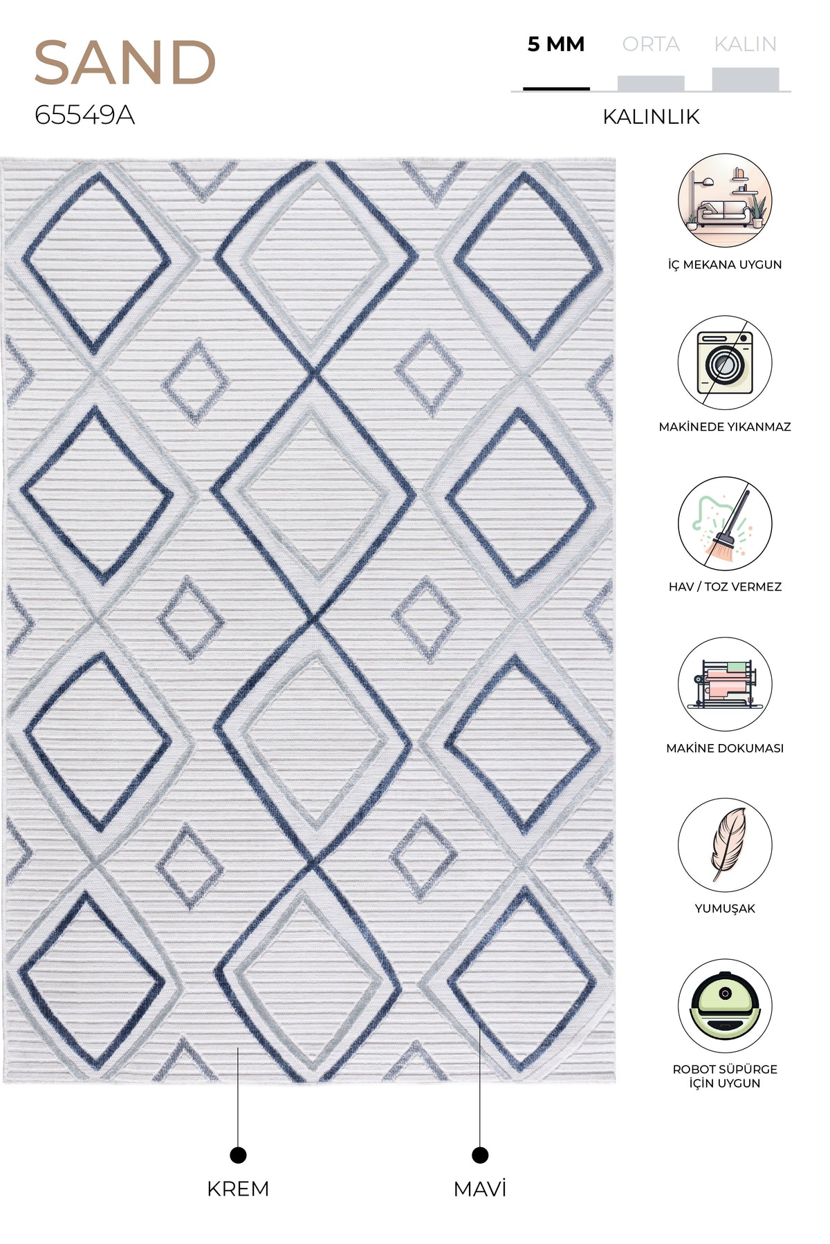 Sand Krem Mavi Kolay Temizlenebilir Halı Salon Oturma Odası Yatak Odası Koridor Makine Halısı 65549A