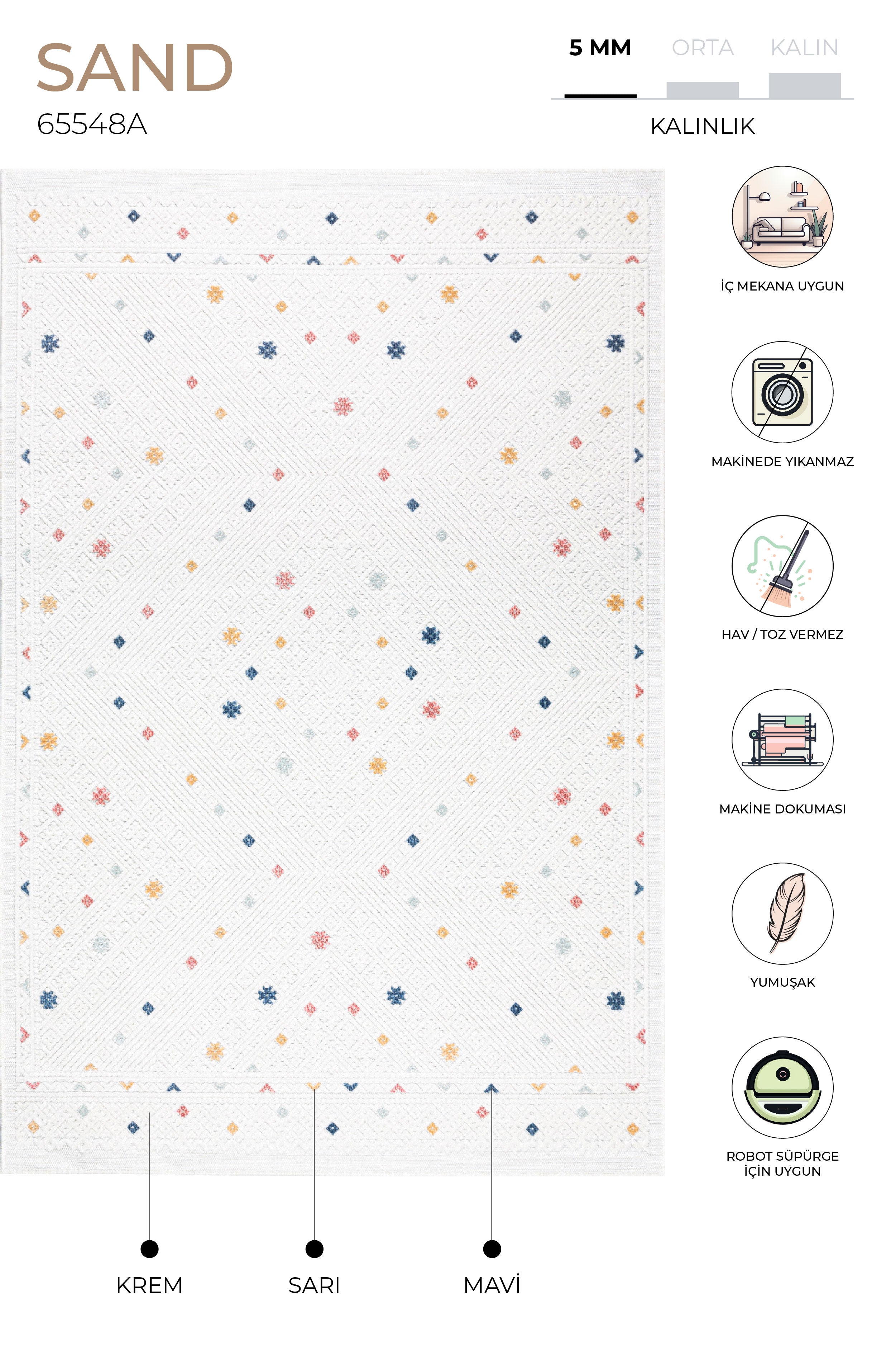Sand Krem Multi Kolay Temizlenebilir Halı Kilim Oturma Odası Yatak Odası Koridor Makine Halısı 65548A