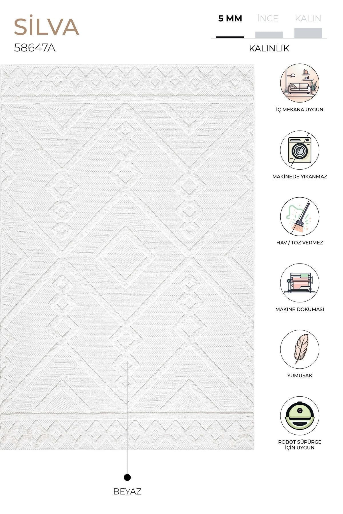 Silva Beyaz Halı Yıkanabilir Halı Balkon Halısı Oturma Odası Koridor Yatak Odası Halısı 58647A