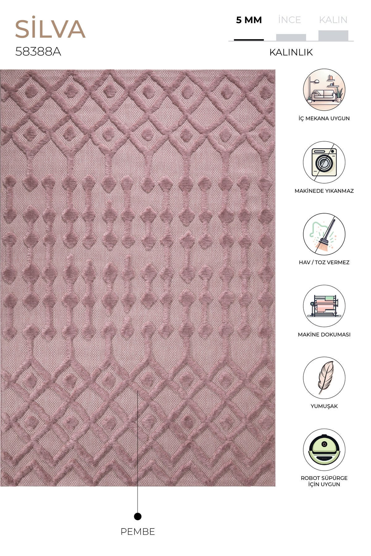 Silva Pembe Halı Yıkanabilir Halı Balkon Halısı Oturma Odası Koridor Yatak Odası Halısı 58388A