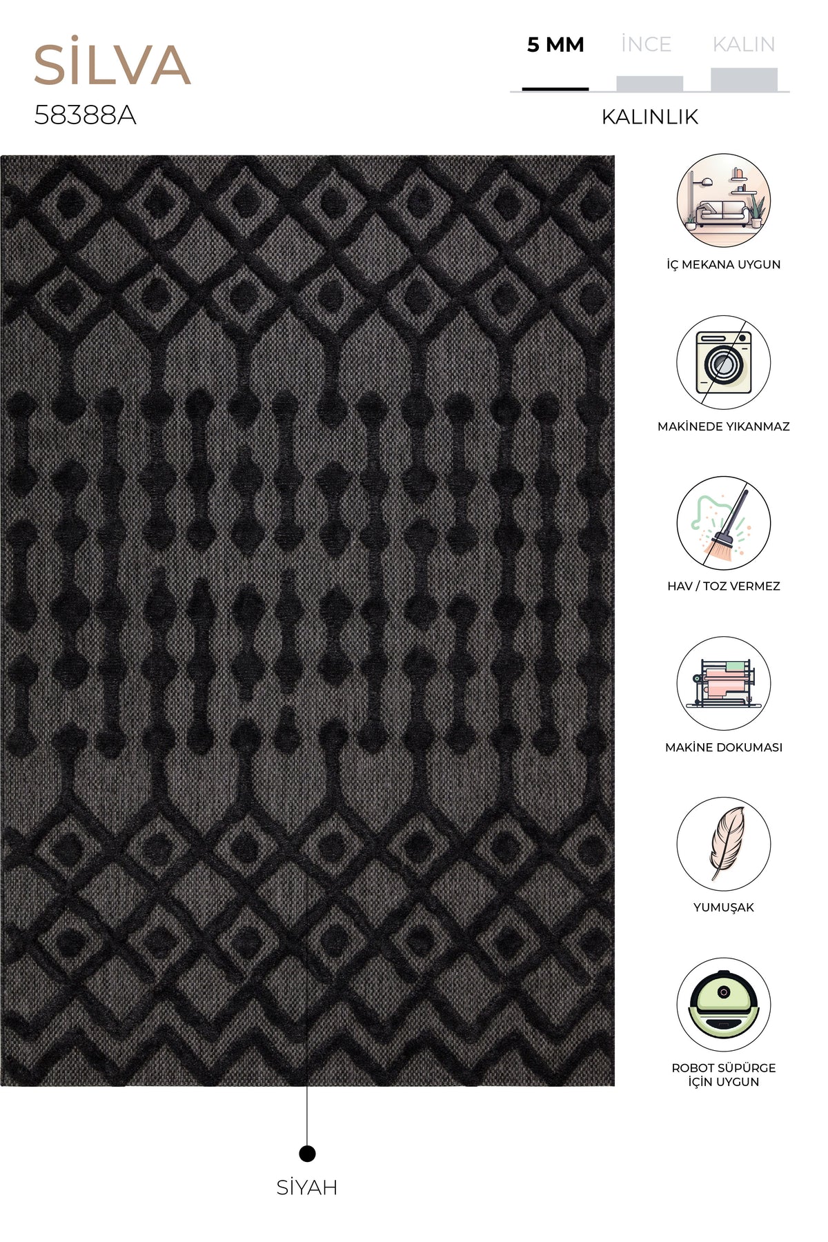 Silva Siyah Halı Yıkanabilir Halı Balkon Halısı Oturma Odası Koridor Yatak Odası Halısı 58388A