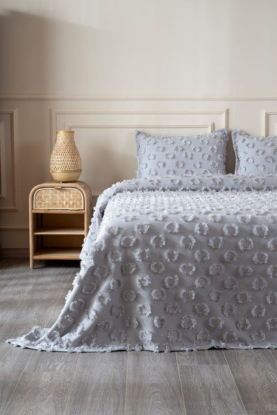 Sitra Gri Çift Kişilik Püsküllü Yatak Örtüsü 230x250 2 Yastık 50x70 5033
