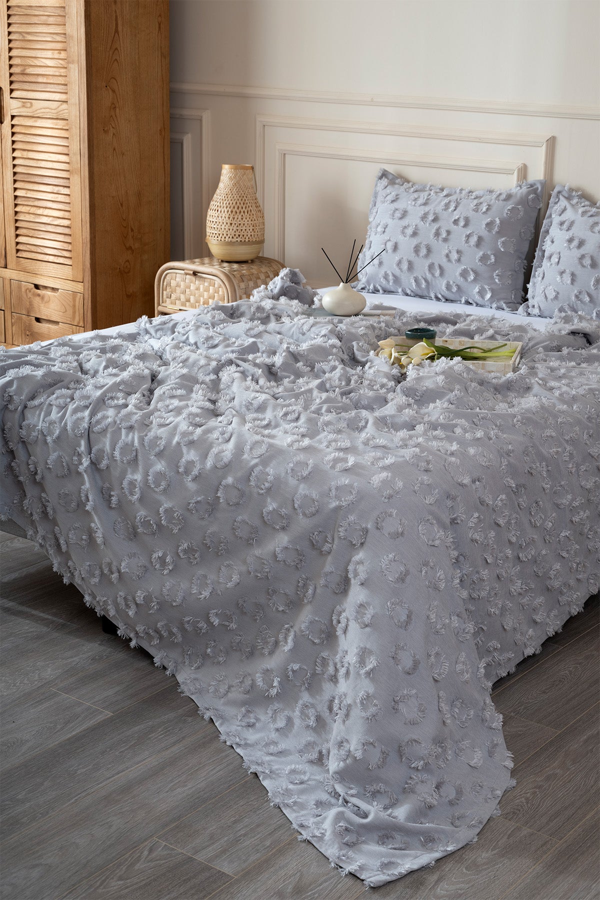 Sitra Gri Çift Kişilik Püsküllü Yatak Örtüsü 230x250 2 Yastık 50x70 5033