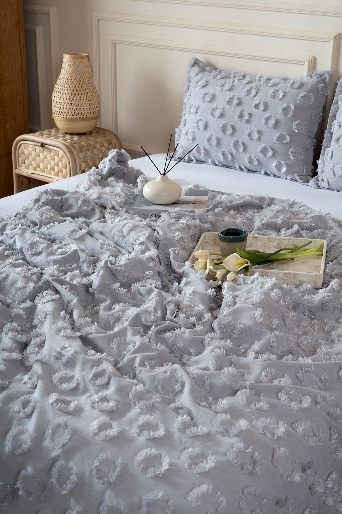 Sitra Gri Çift Kişilik Püsküllü Yatak Örtüsü 230x250 2 Yastık 50x70 5033