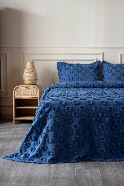 Sitra Lacivert Çift Kişilik Püsküllü Yatak Örtüsü 230x250 2 Yastık 50x70 5034
