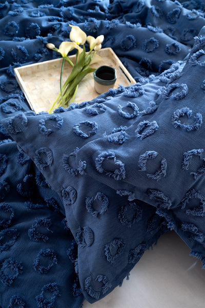 Sitra Lacivert Çift Kişilik Püsküllü Yatak Örtüsü 230x250 2 Yastık 50x70 5034