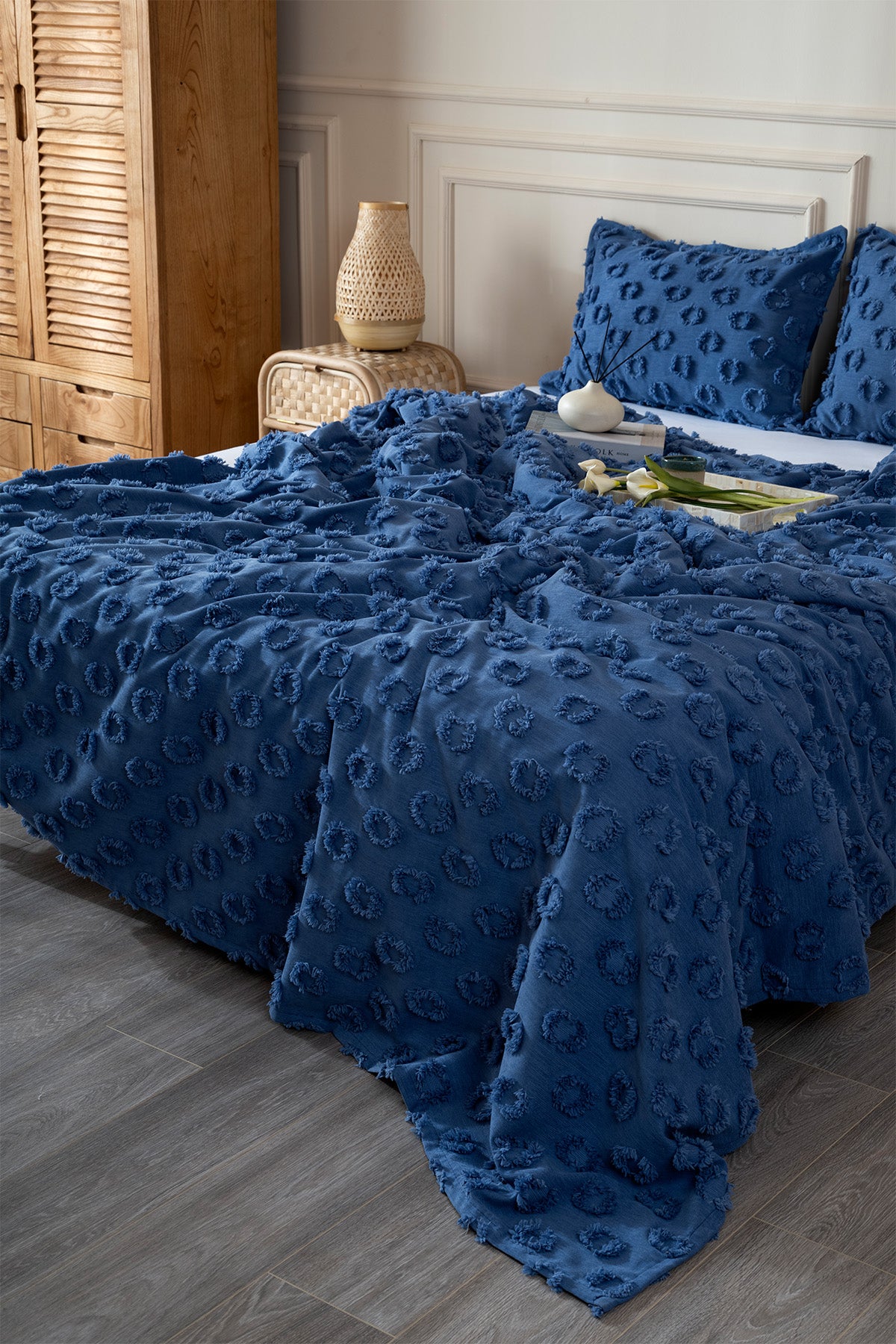 Sitra Lacivert Çift Kişilik Püsküllü Yatak Örtüsü 230x250 2 Yastık 50x70 5034