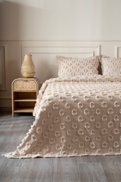 Sitra Bej Çift Kişilik Püsküllü Yatak Örtüsü 230x250 2 Yastık 50x70