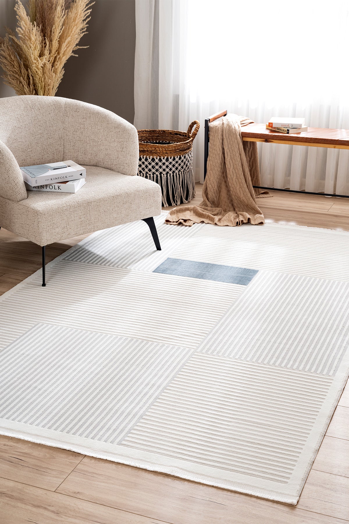 Farahan Krem Mavi Geometrik Tozumaz Salon Koridor Balkon Teras Bahçe Oturma Odası Halısı A0859A