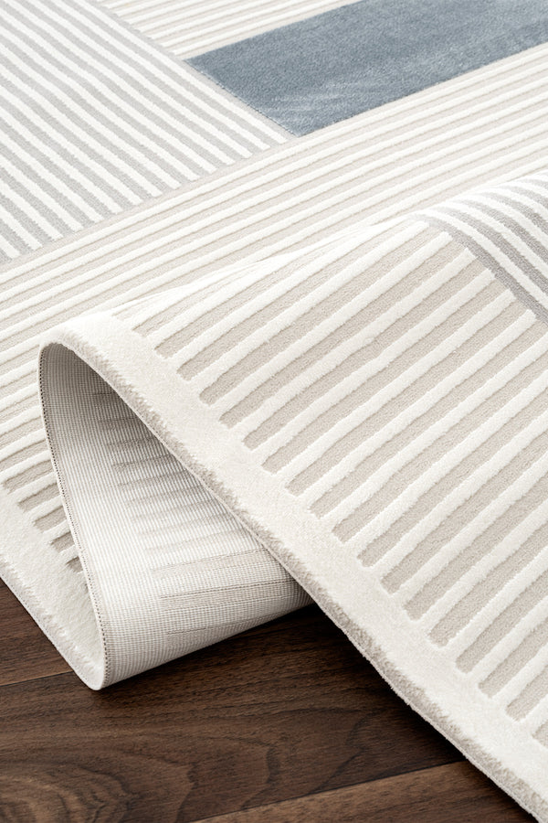 Farahan Krem Mavi  Geometrik Desenli Halı A0859A