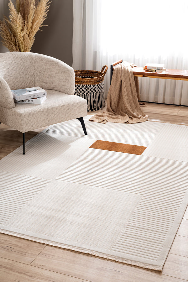 Farahan Krem Tarçın  Geometrik Desenli Halı A0859A